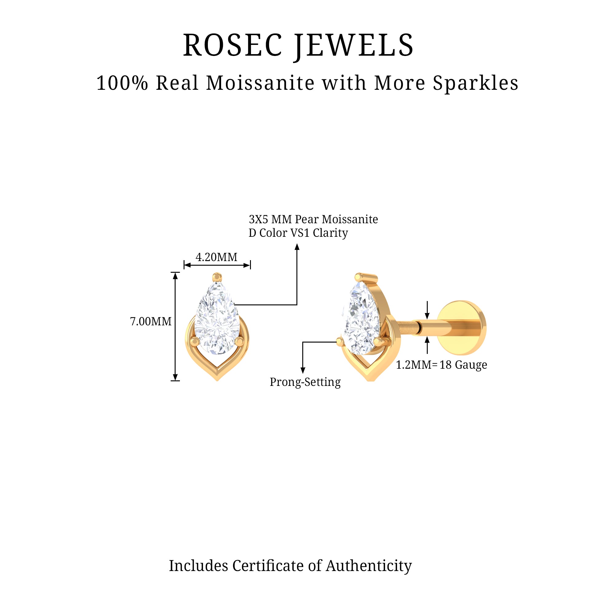 3X5MM Pear Shape Moissanite Solitaire Cartilage Earring D-VS1 - Rosec Jewels