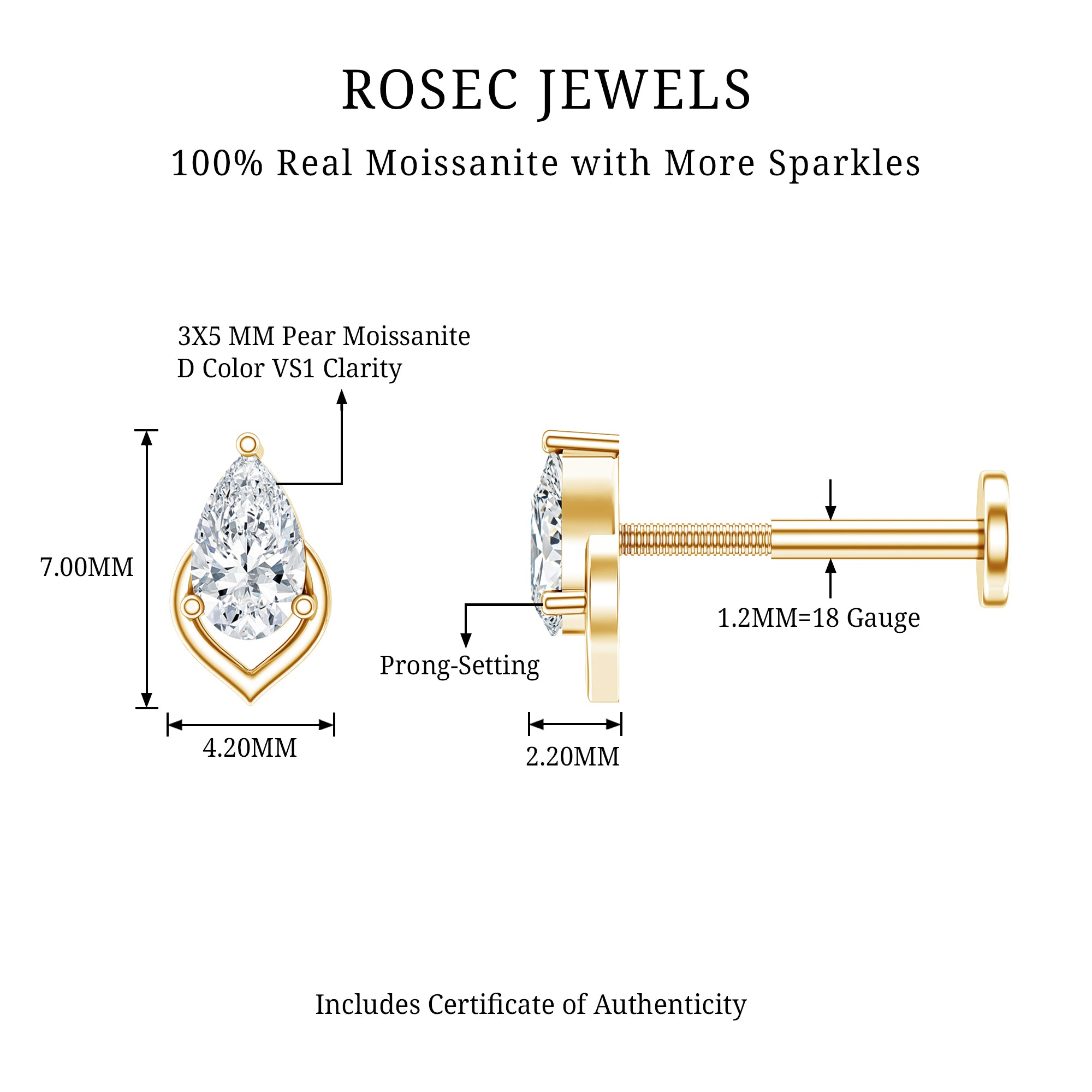 3X5MM Pear Shape Moissanite Solitaire Cartilage Earring D-VS1 - Rosec Jewels