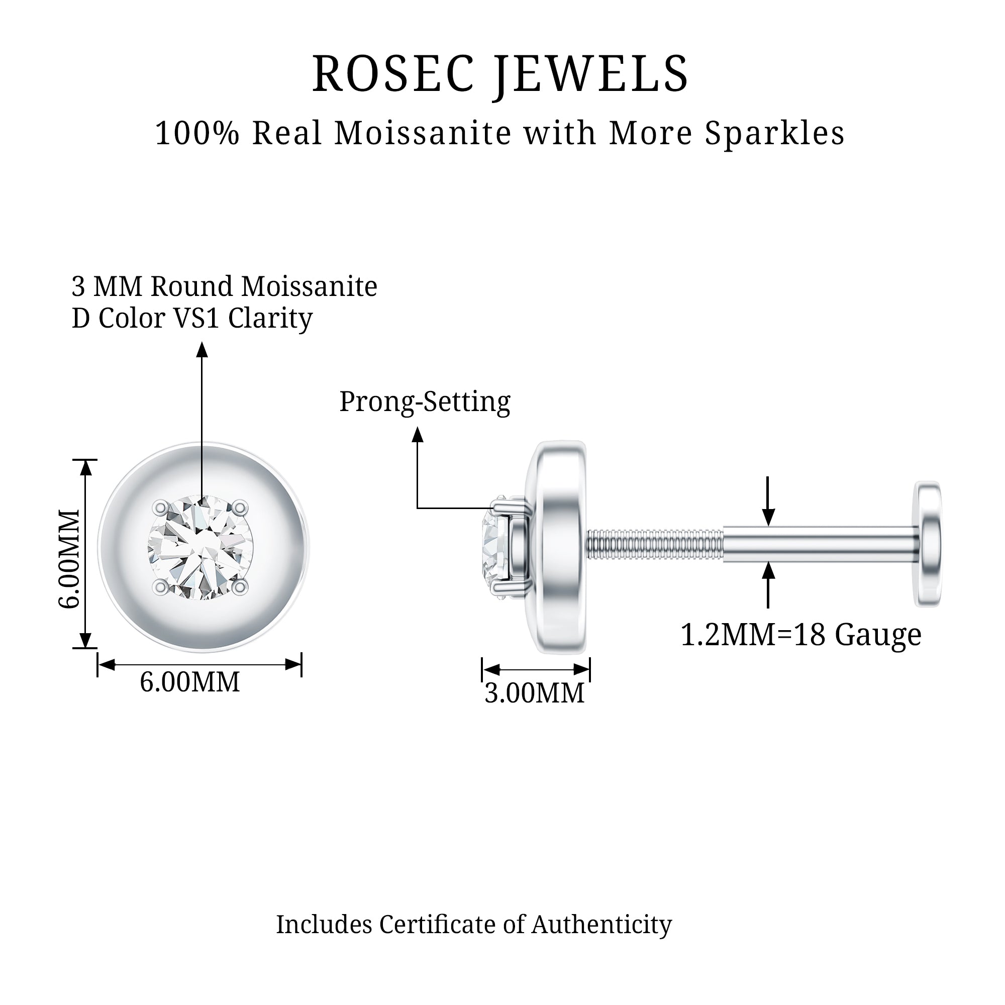 Solitaire Moissanite Circle Cartilage Earring D-VS1 - Rosec Jewels