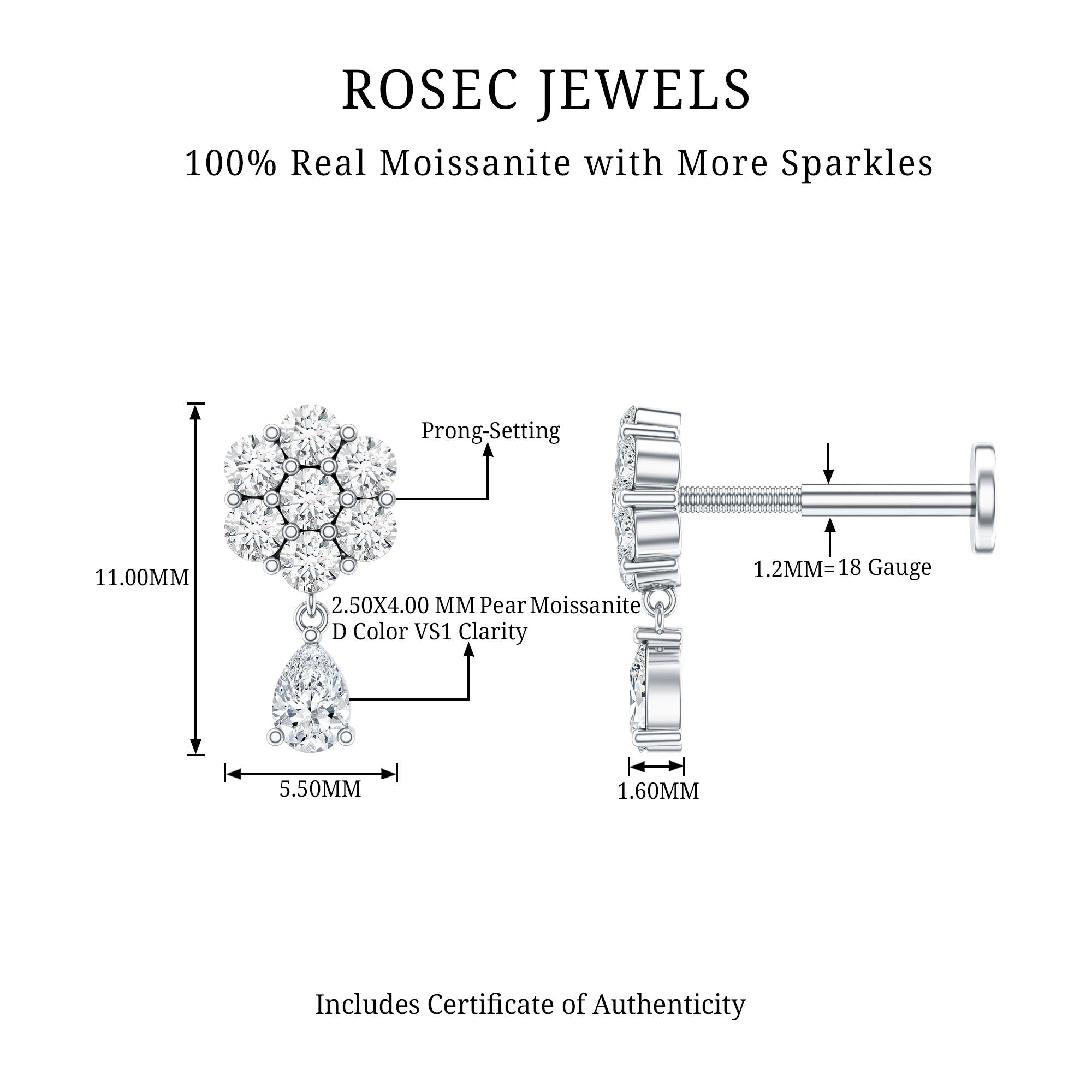 Moissanite Floral Drop Earring for Helix Piercing D-VS1 - Rosec Jewels