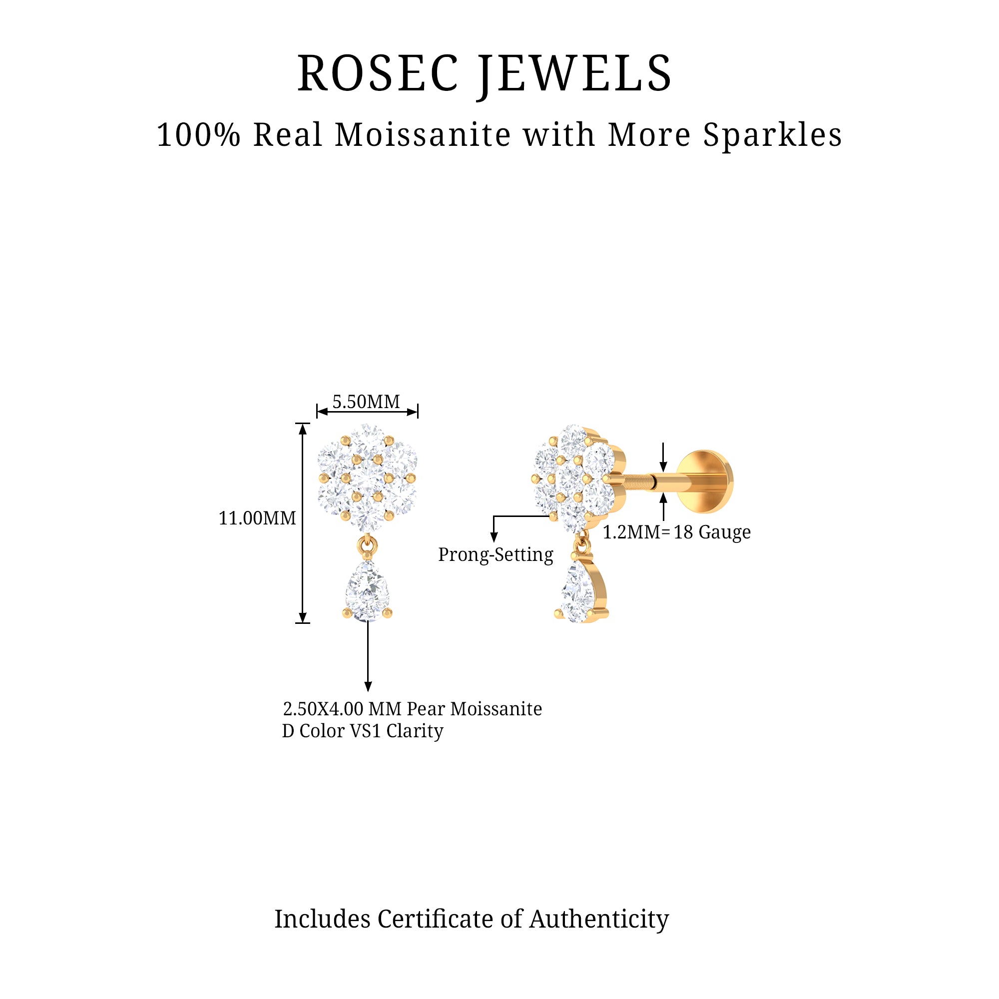 Moissanite Floral Drop Earring for Helix Piercing D-VS1 - Rosec Jewels