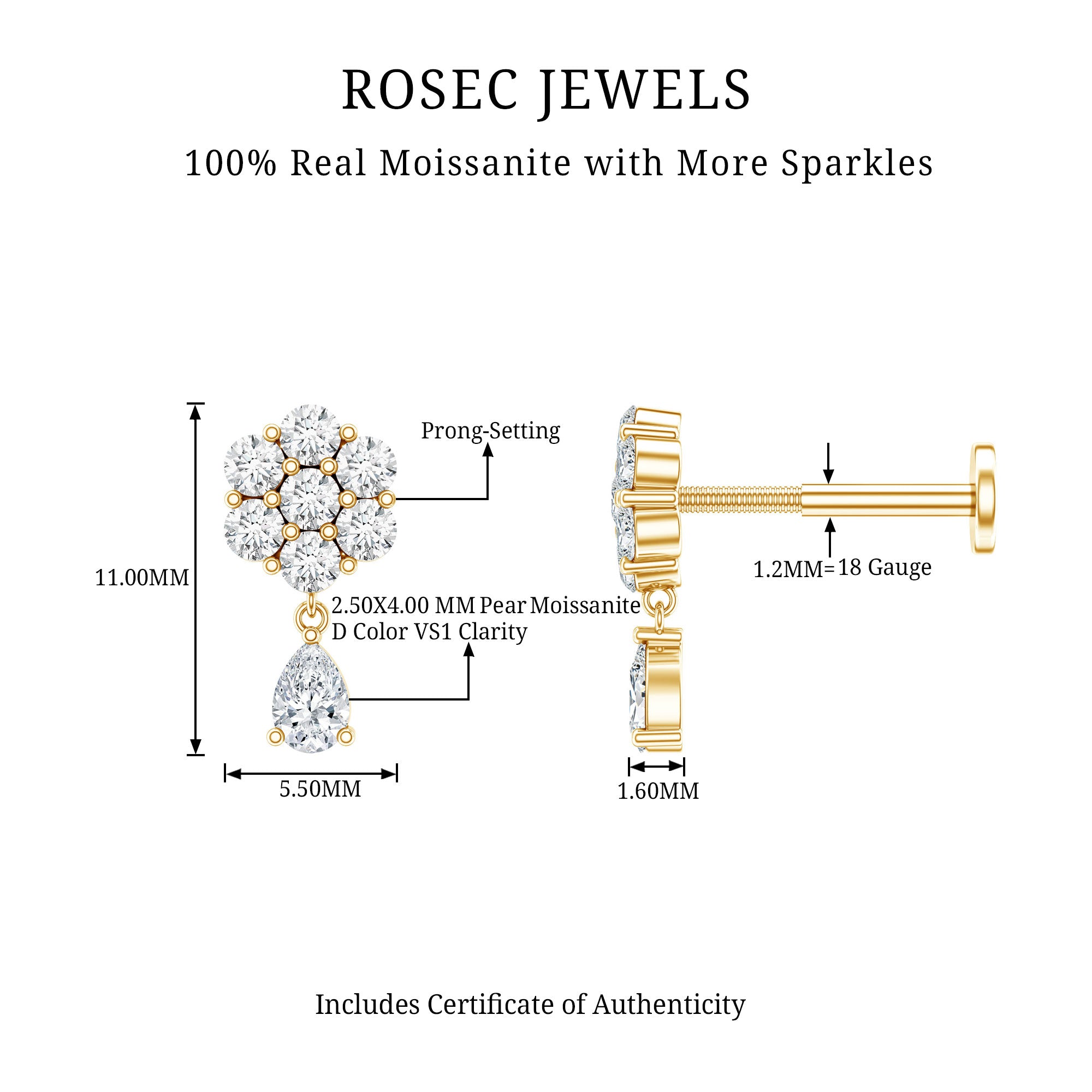 Moissanite Floral Drop Earring for Helix Piercing D-VS1 - Rosec Jewels