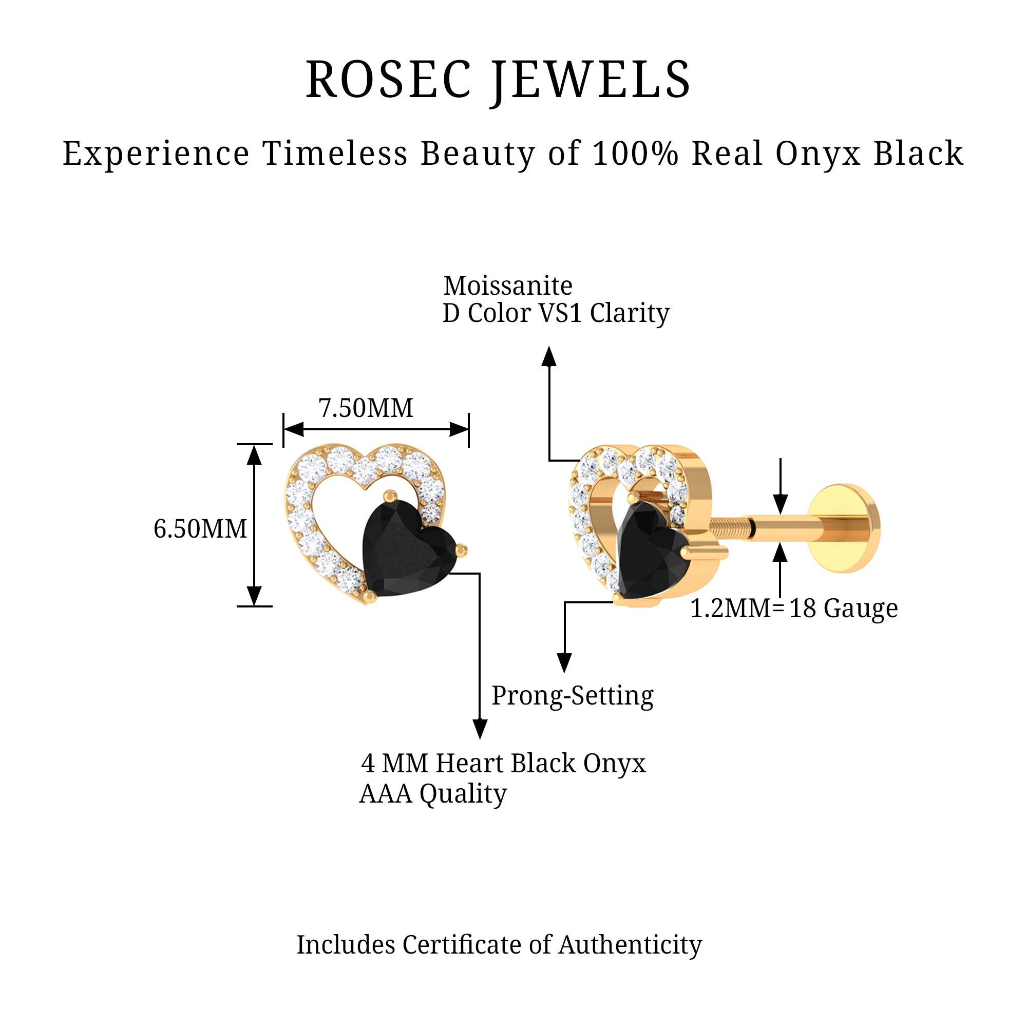 Rosec Jewels-Black Onyx and Moissanite Heart Helix Earring in Gold