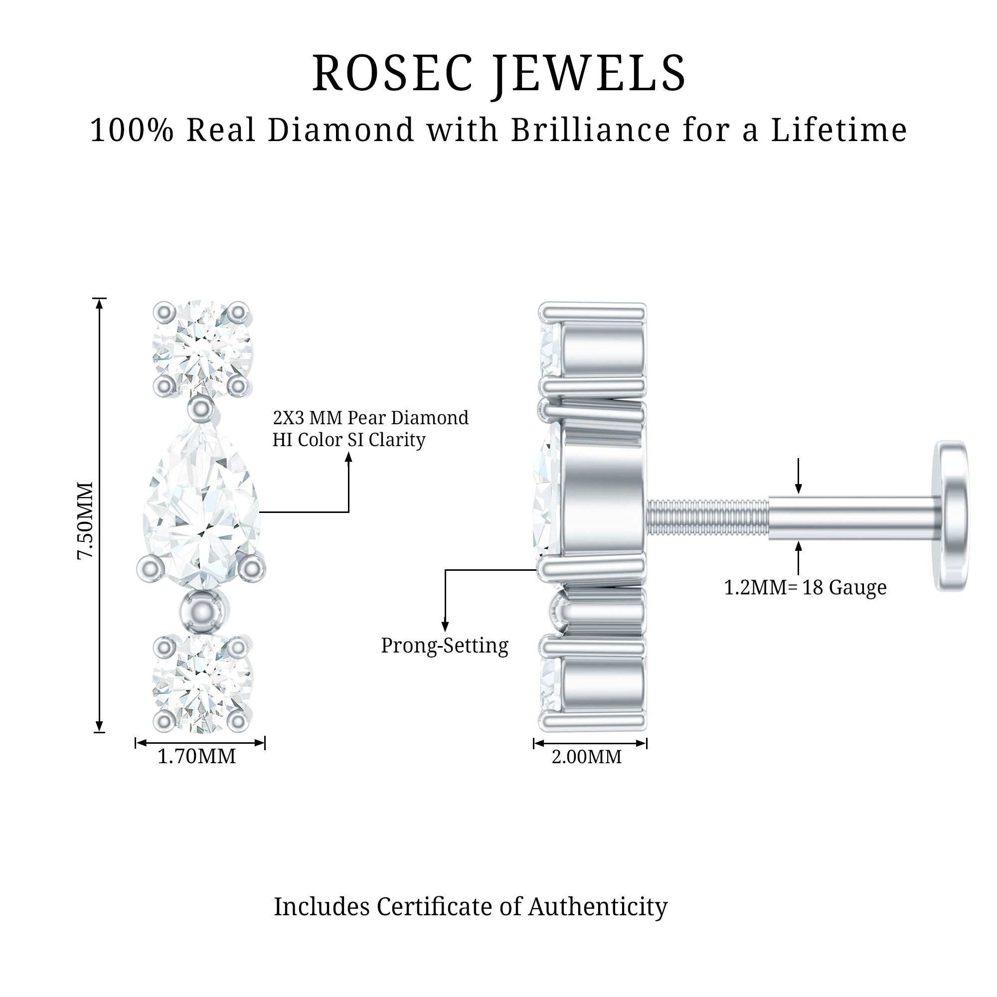 Natural Three Diamond Cartilage Earring with Flat Back Natural - ( HI-SI ) - Rosec Jewels