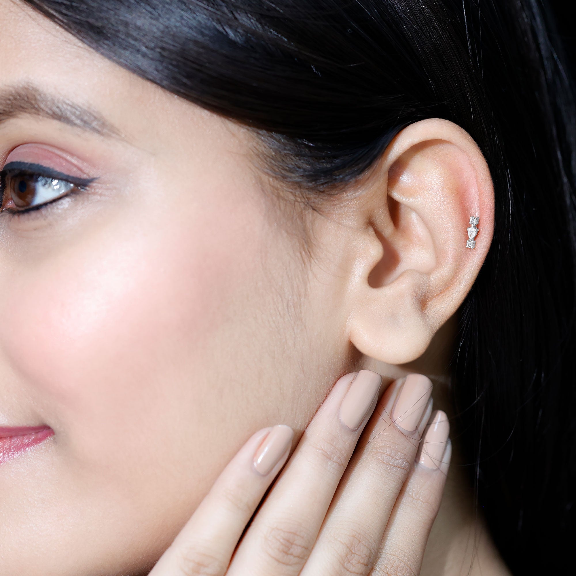 Natural Three Diamond Cartilage Earring with Flat Back Natural - ( HI-SI ) - Rosec Jewels