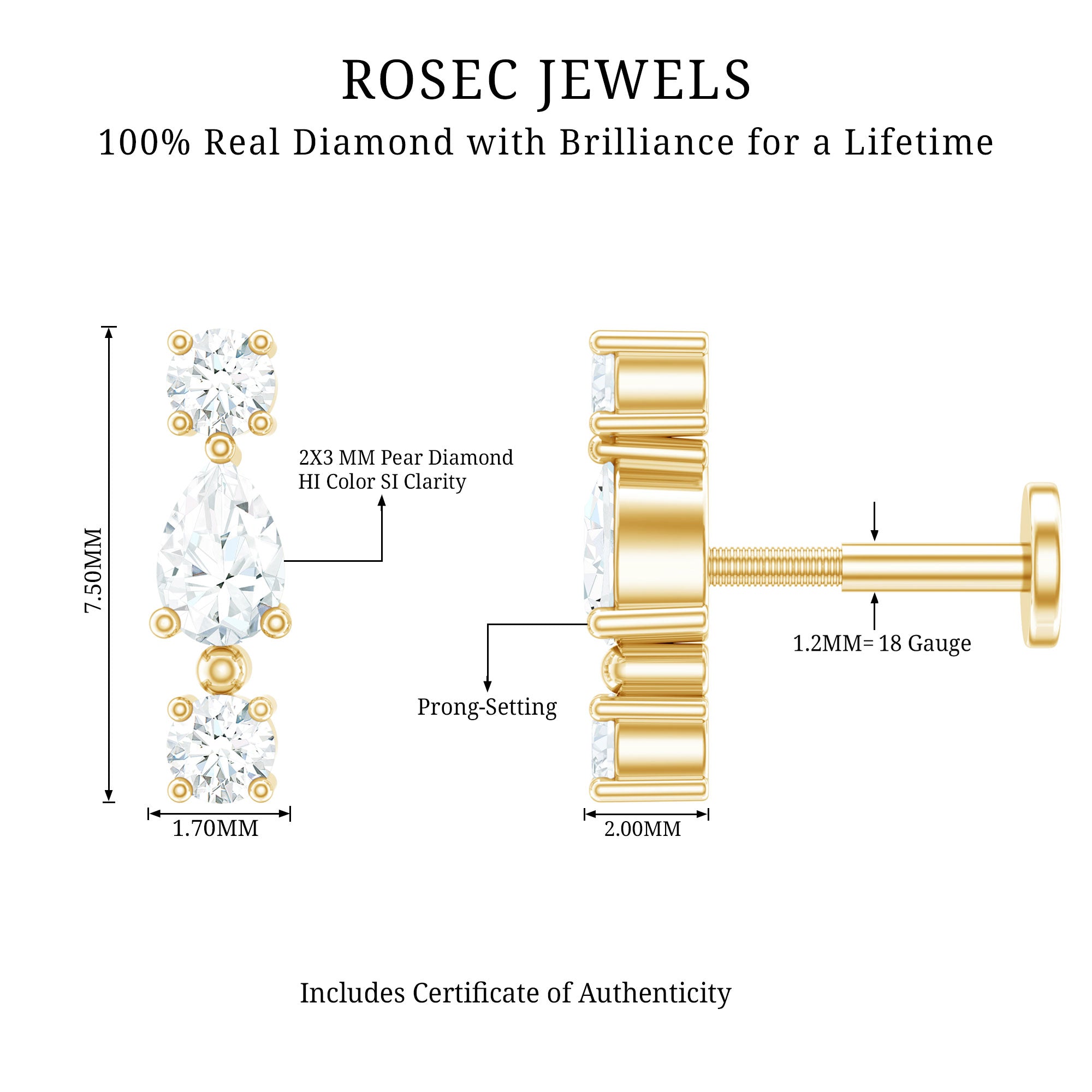Natural Three Diamond Cartilage Earring with Flat Back Natural - ( HI-SI ) - Rosec Jewels