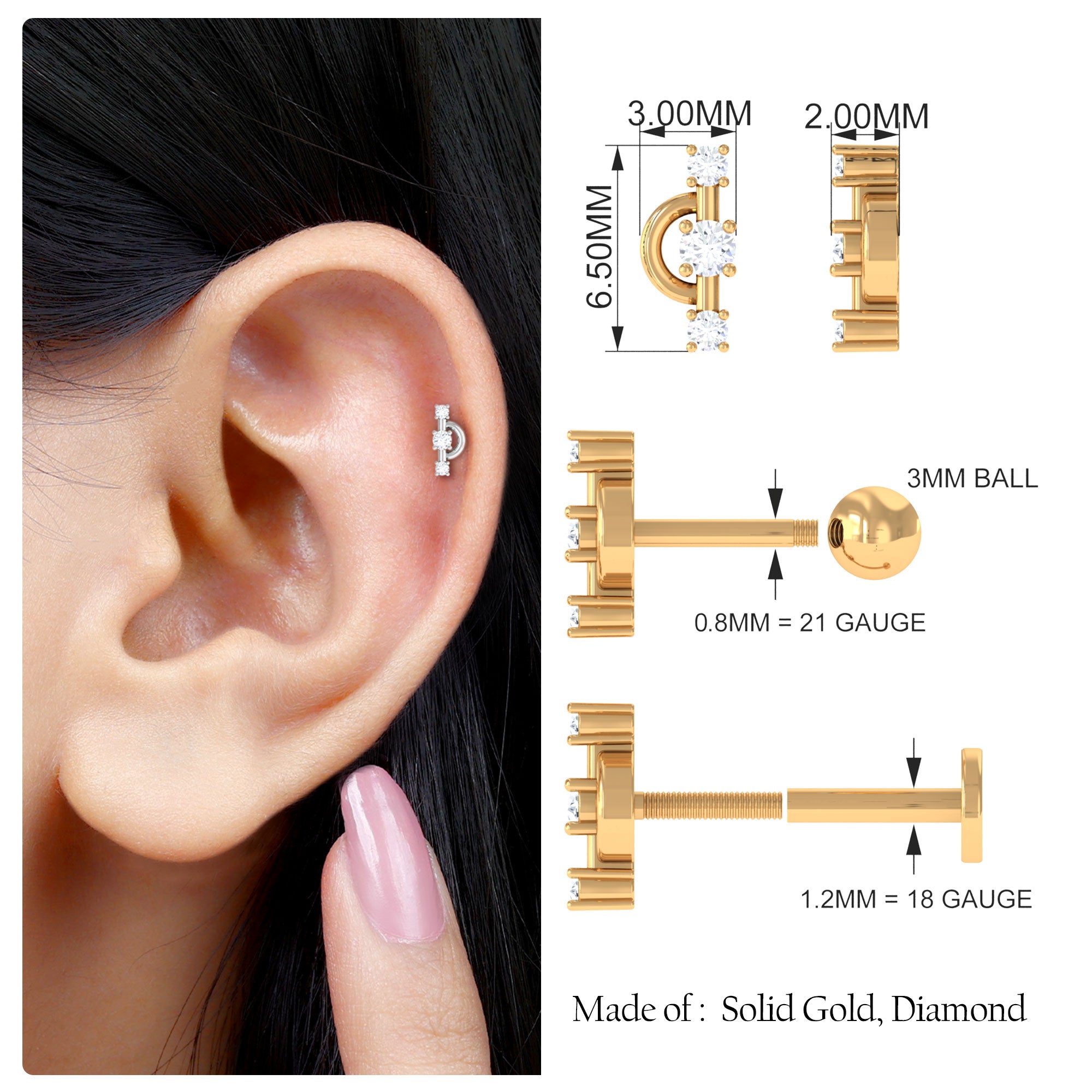 Natural Diamond Unique Tragus Earring with Certificate Natural - ( HI-SI ) - Rosec Jewels