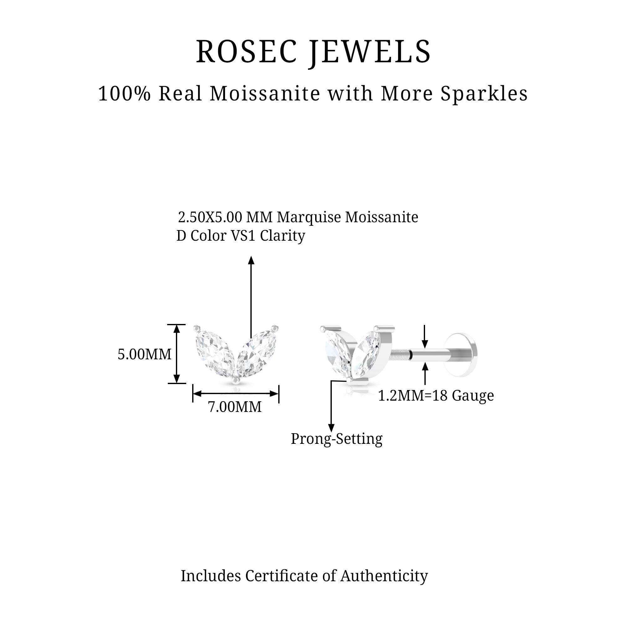 Marquise Cut Moissanite Two Stone Leaf Helix Earring D-VS1 - Rosec Jewels