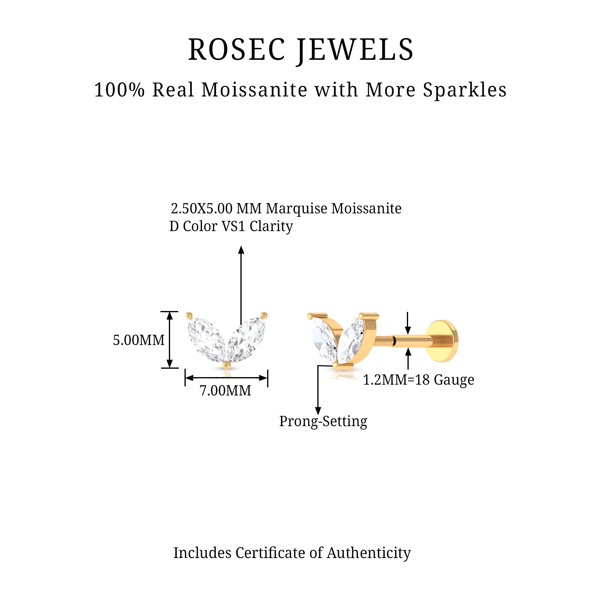 Marquise Cut Moissanite Two Stone Leaf Helix Earring D-VS1 - Rosec Jewels