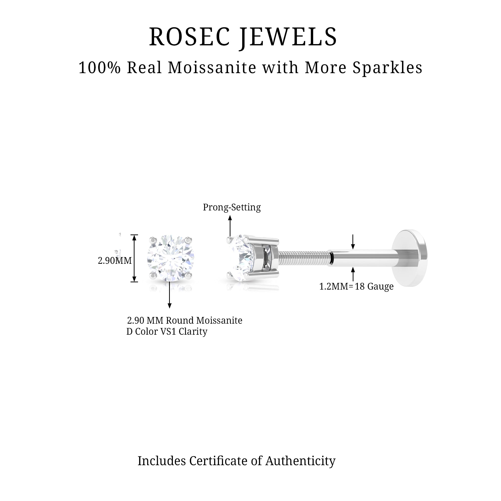 Tiny Round Moissanite Conch Earring with Flat Back D-VS1 - Rosec Jewels