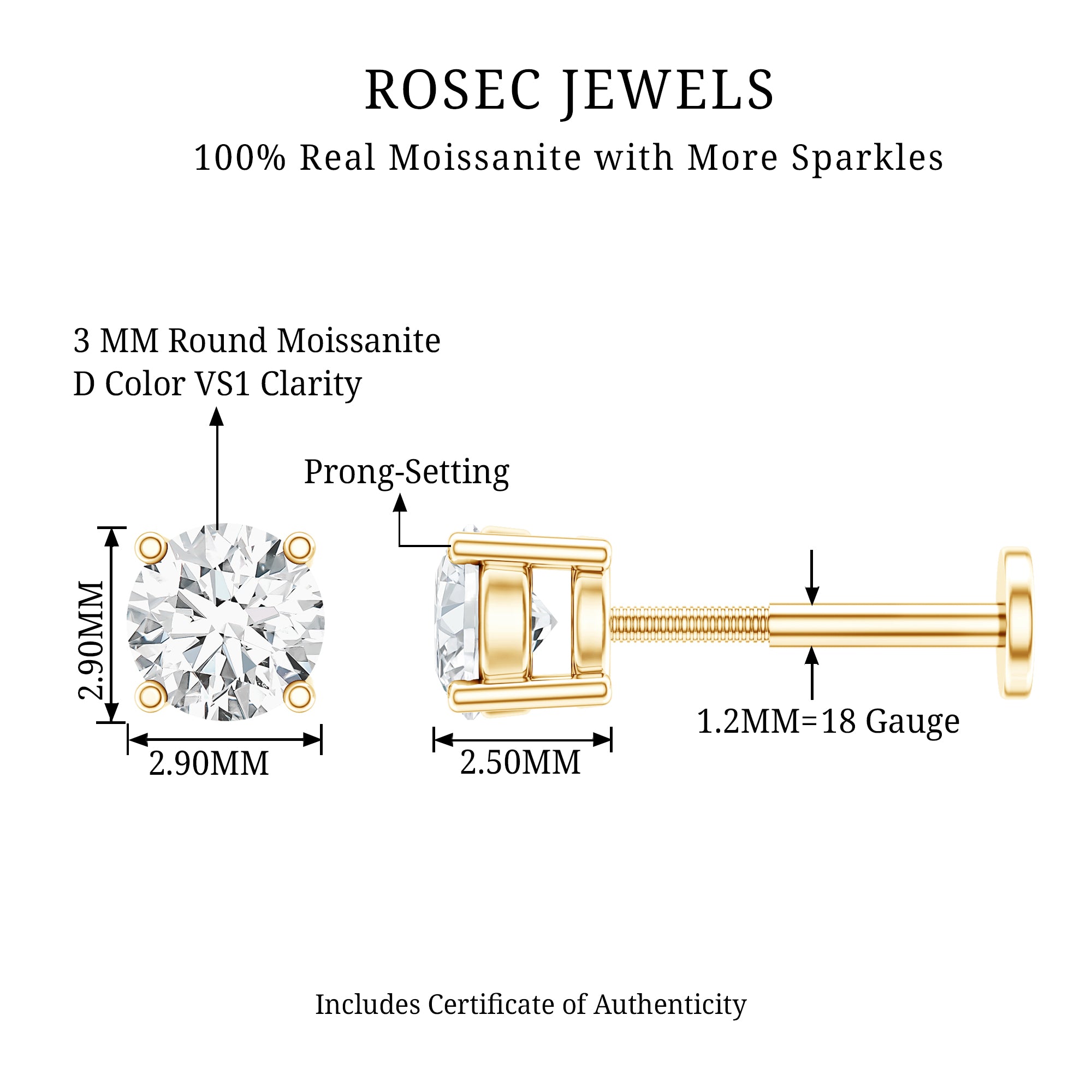Tiny Round Moissanite Conch Earring with Flat Back D-VS1 - Rosec Jewels