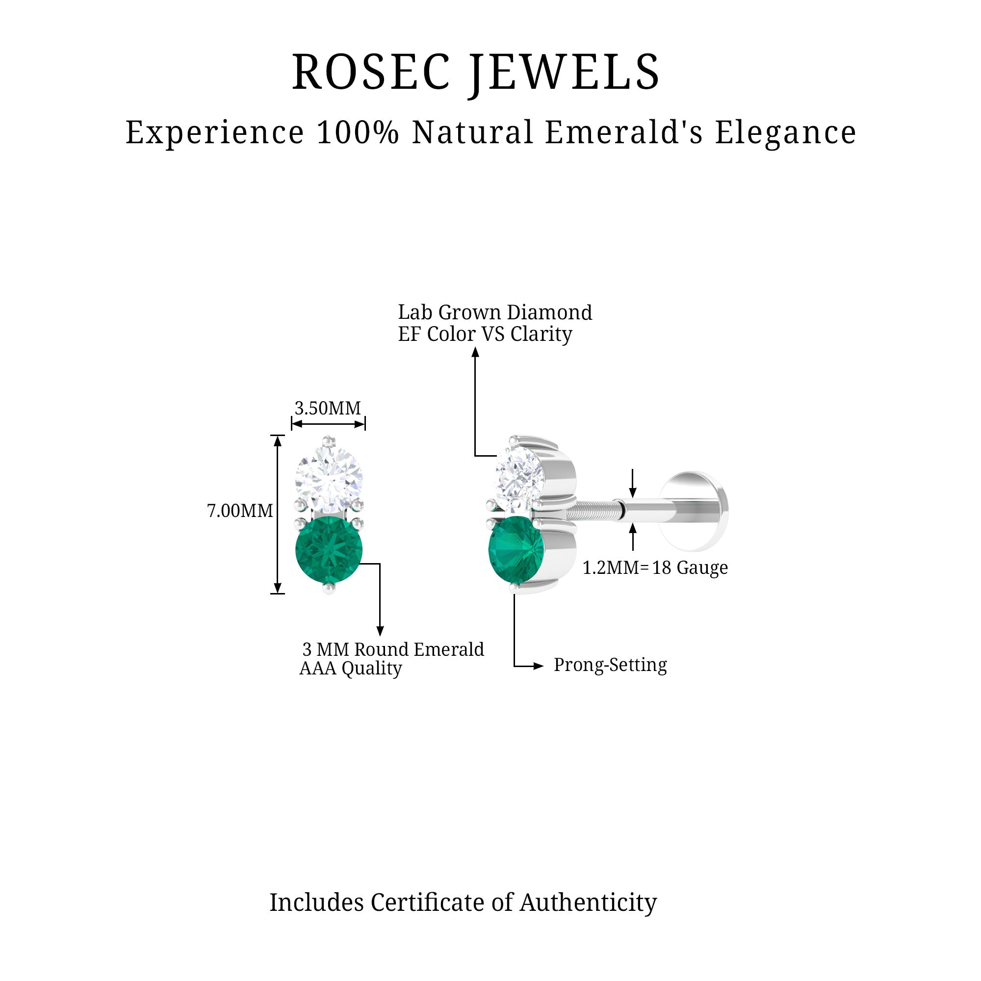 Dainty Emerald and Diamond Two Stone Tragus Earring AAA - Rosec Jewels