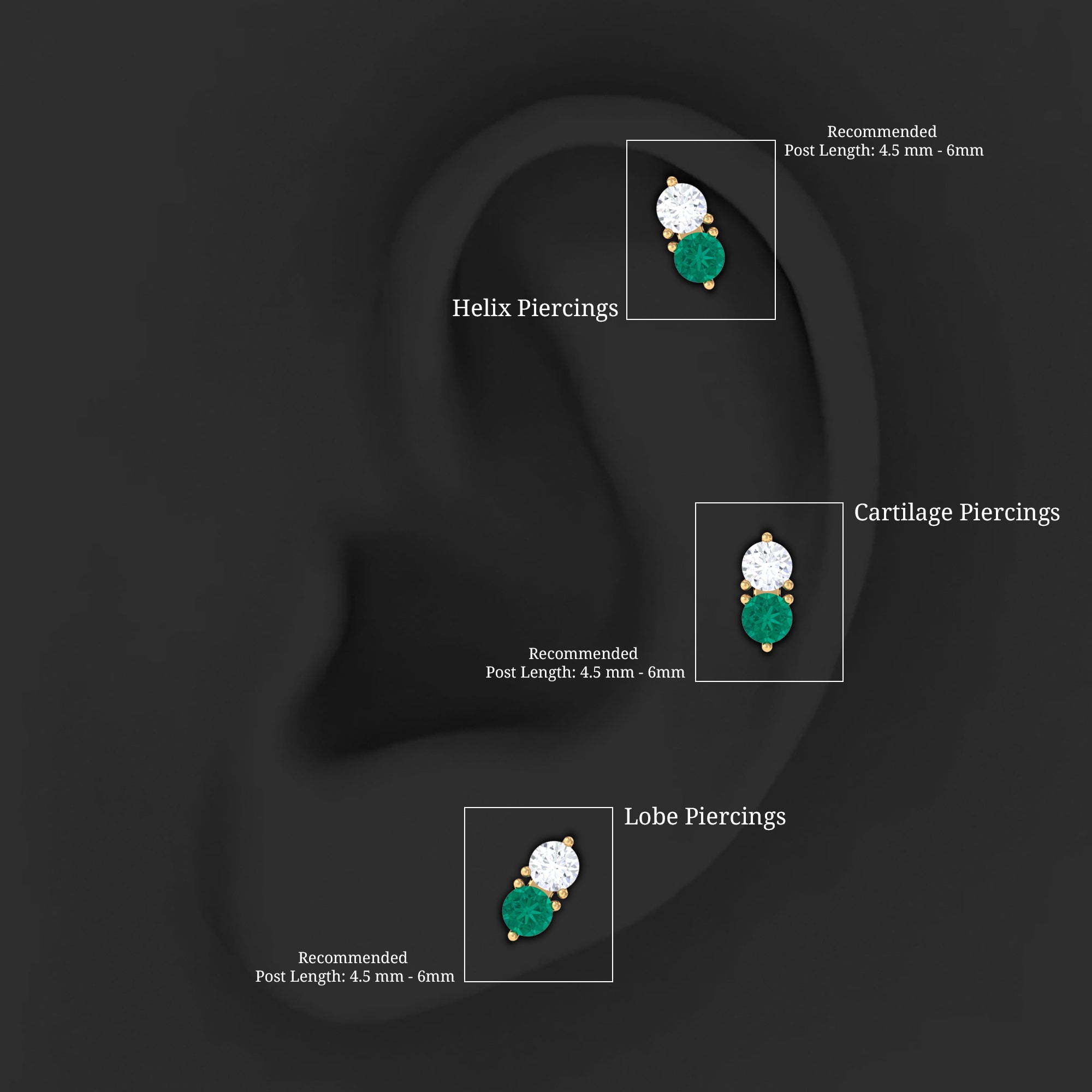 Dainty Emerald and Diamond Two Stone Tragus Earring AAA - Rosec Jewels