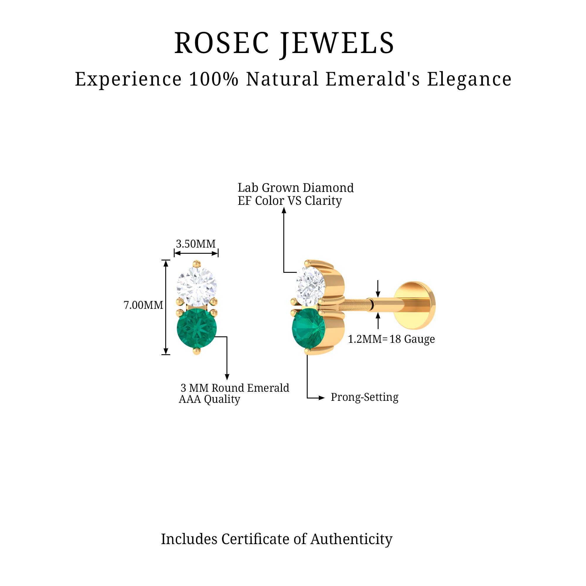 Dainty Emerald and Diamond Two Stone Tragus Earring AAA - Rosec Jewels
