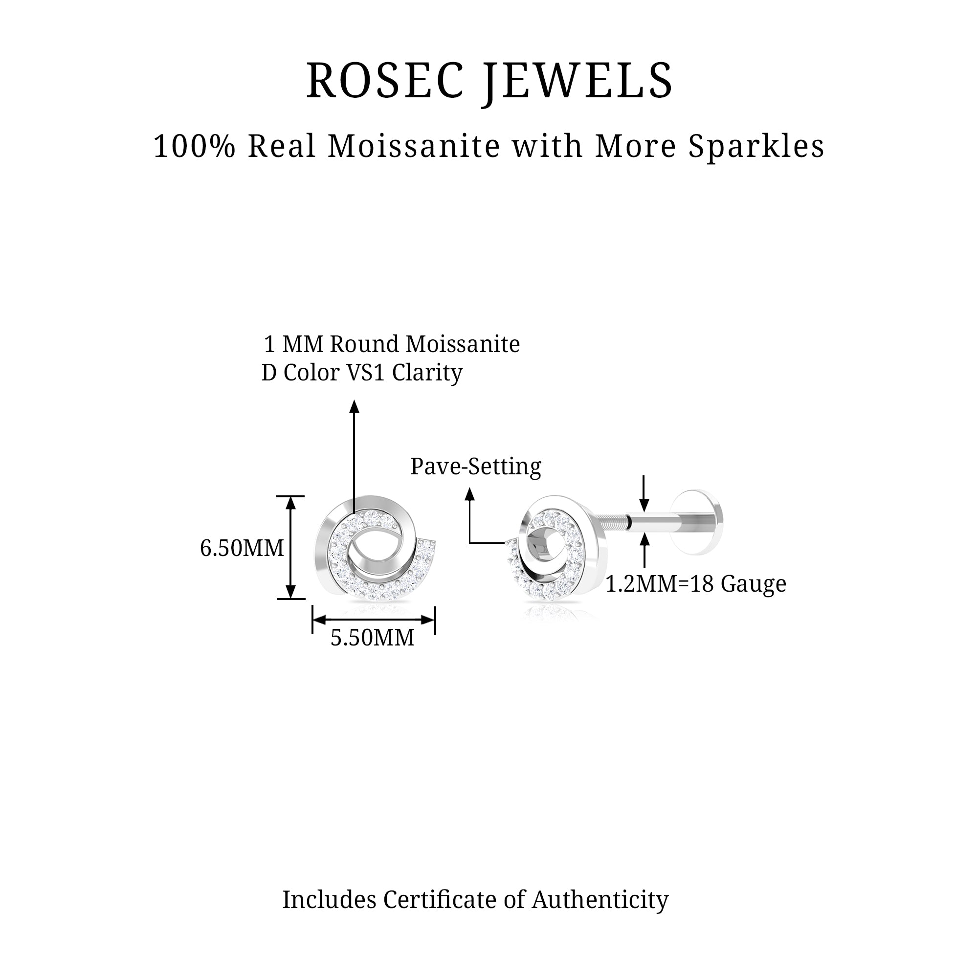 Moissanite Swirl Earring for Second Hole Piercing D-VS1 - Rosec Jewels