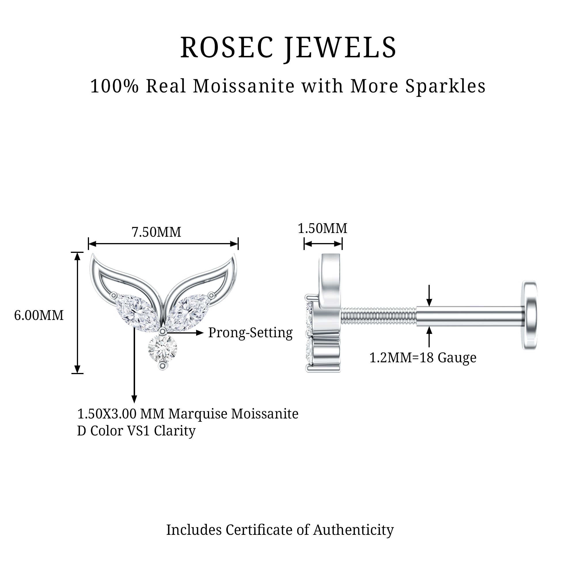 Certified Moissanite Fishtail Earring for Cartilage Piercing D-VS1 - Rosec Jewels