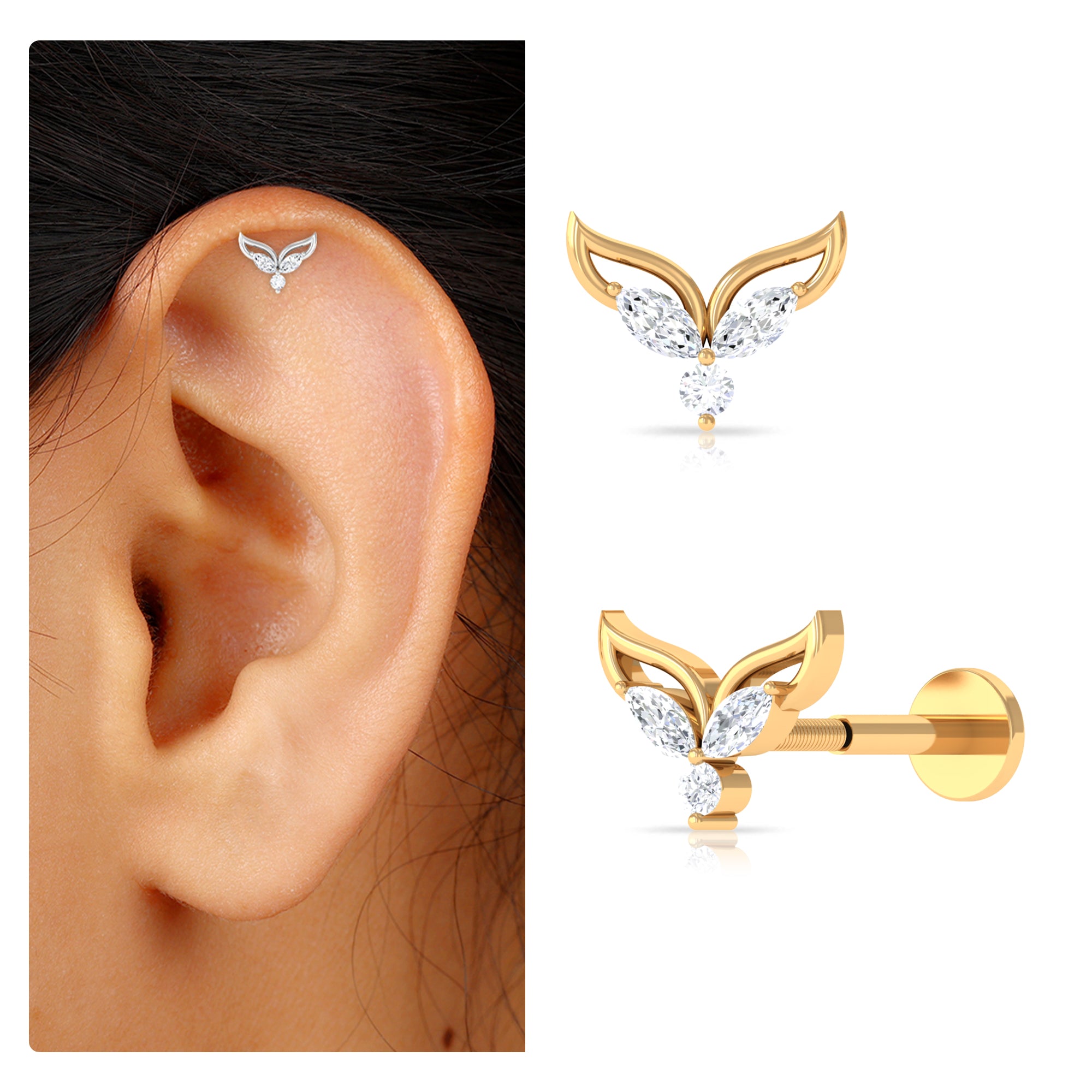 Certified Moissanite Fishtail Earring for Cartilage Piercing D-VS1 - Rosec Jewels