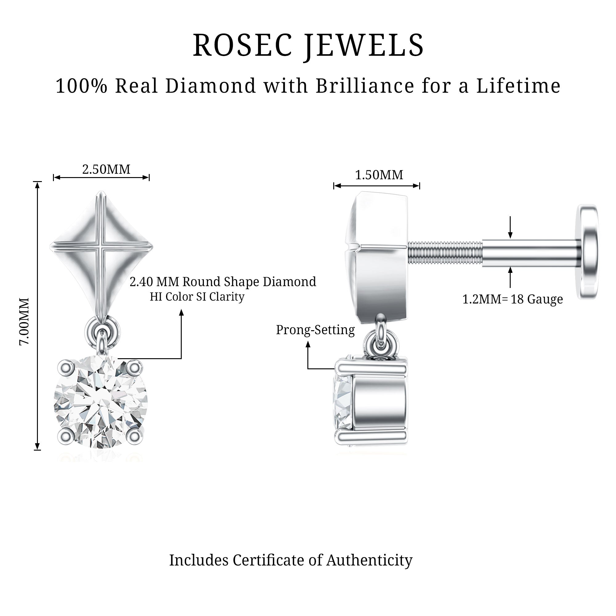 Diamond Dangling Earring for Helix Piercing Natural - ( HI-SI ) - Rosec Jewels