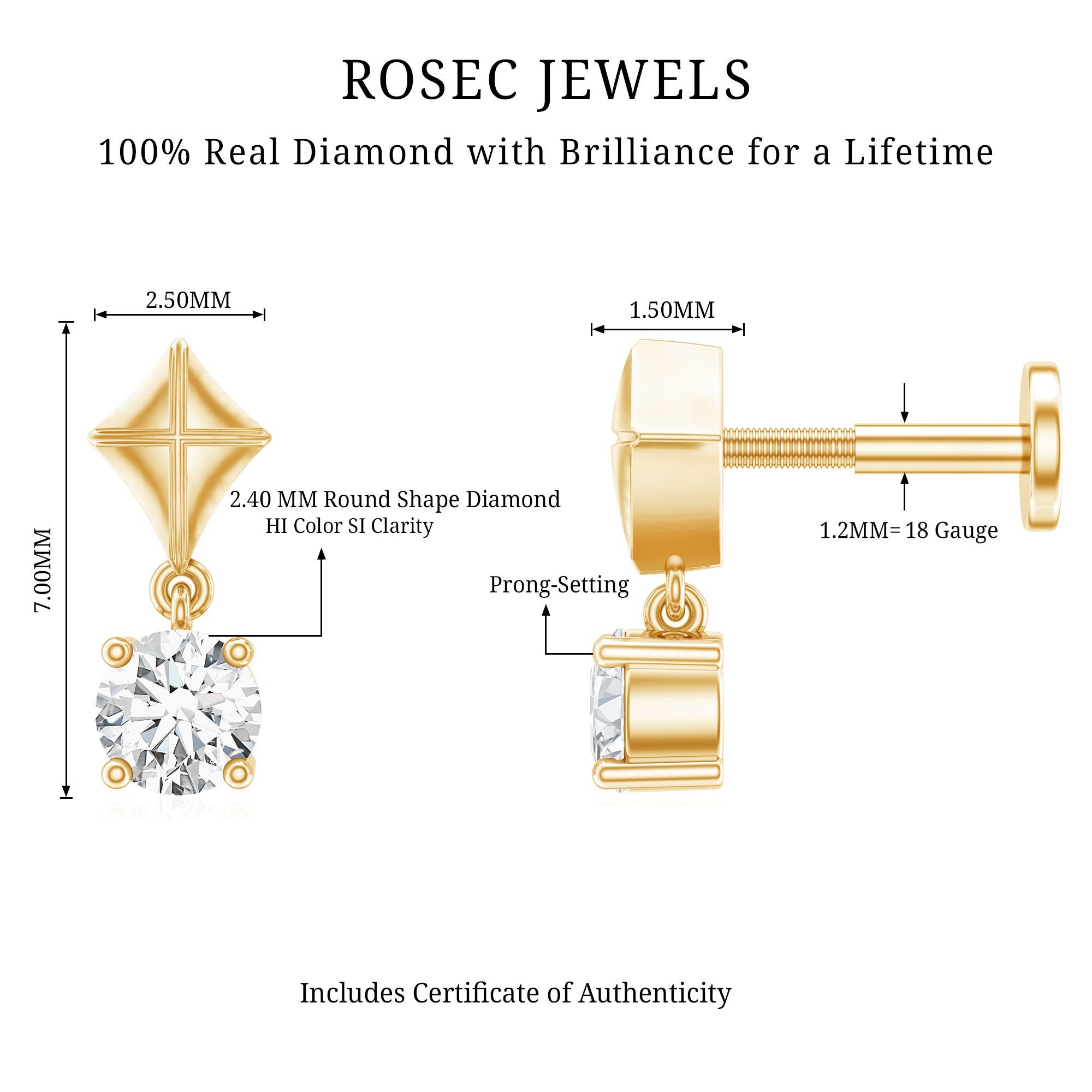 Diamond Dangling Earring for Helix Piercing Natural - ( HI-SI ) - Rosec Jewels