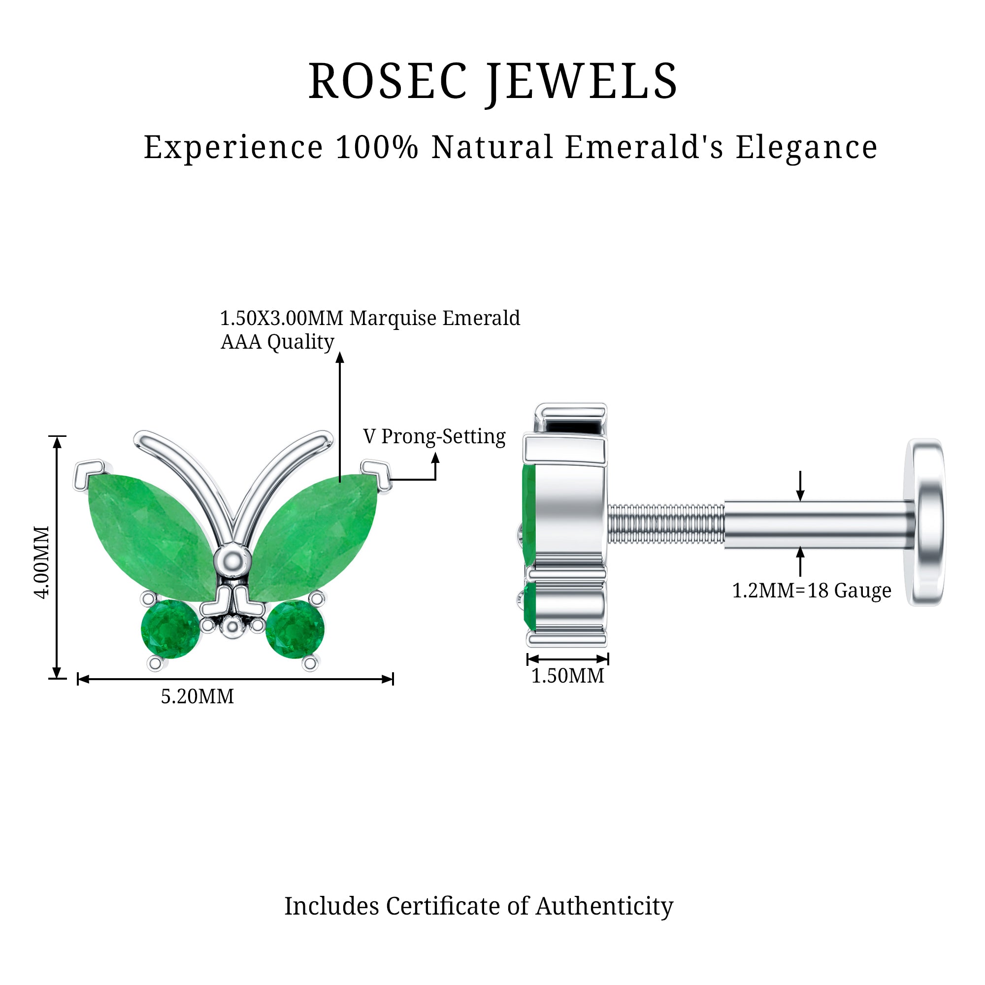 Natural Emerald Butterfly Earring for Cartilage Piercing AAA - Rosec Jewels