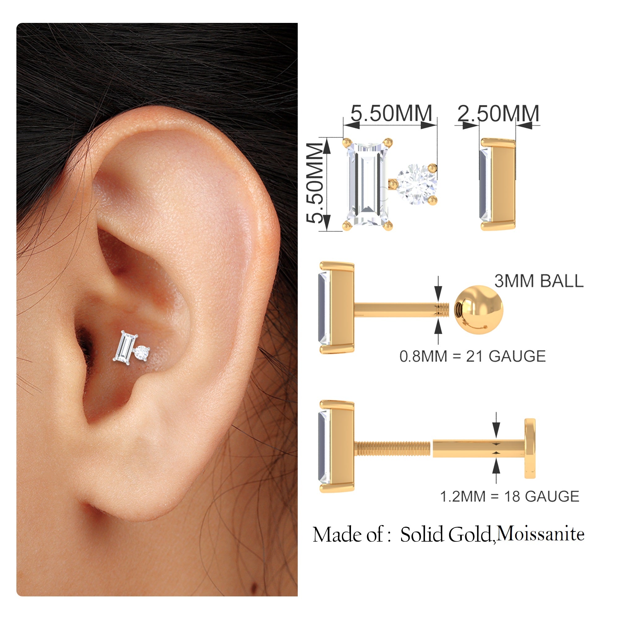 Baguette and Round Cut Moissanite Tragus Earring D-VS1 - Rosec Jewels