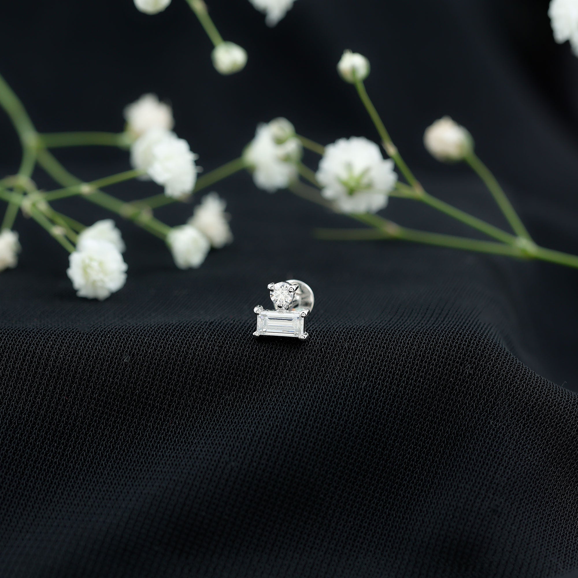 Baguette and Round Cut Moissanite Tragus Earring D-VS1 - Rosec Jewels