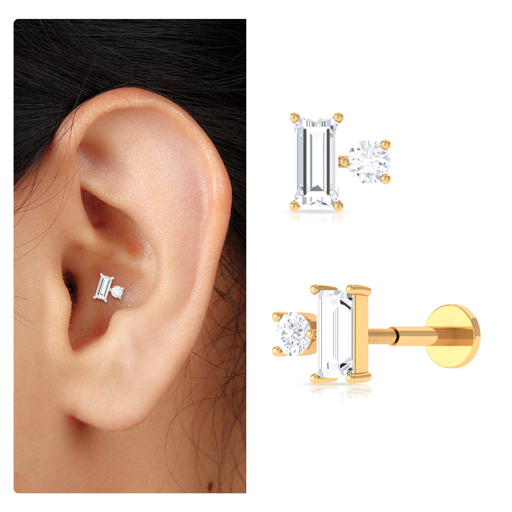 Baguette and Round Cut Moissanite Tragus Earring D-VS1 - Rosec Jewels