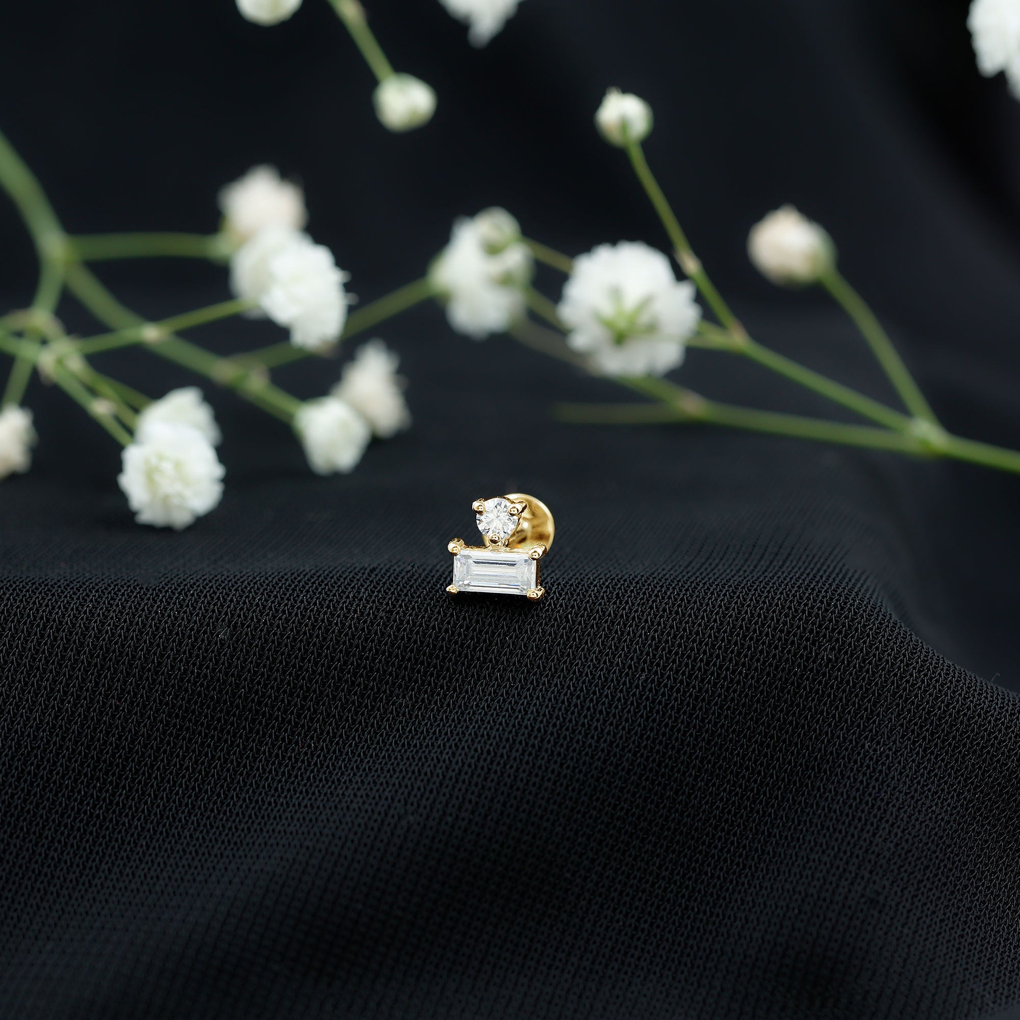 Baguette and Round Cut Moissanite Tragus Earring D-VS1 - Rosec Jewels
