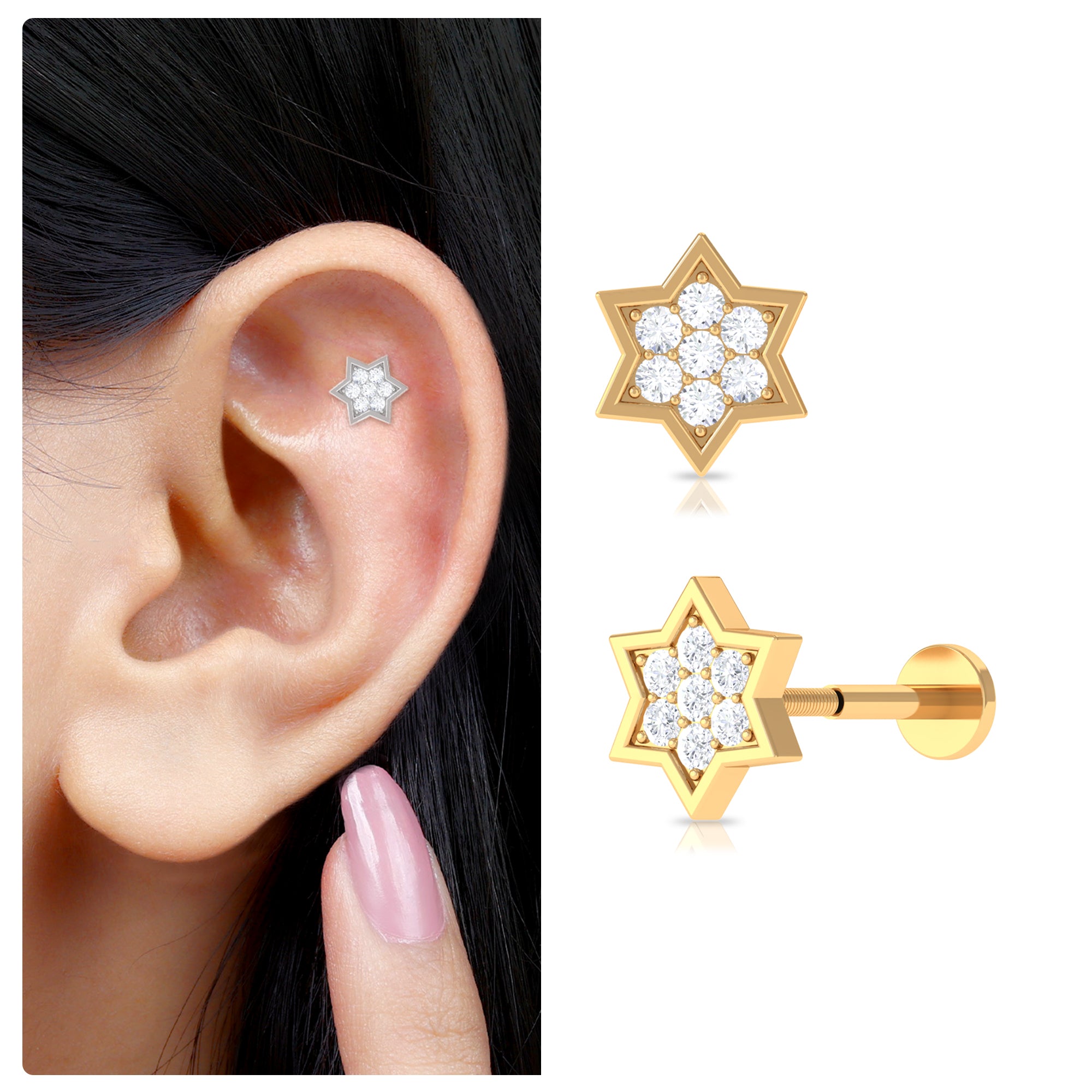Round Moissanite Star Earring for Cartilage Piercing D-VS1 - Rosec Jewels