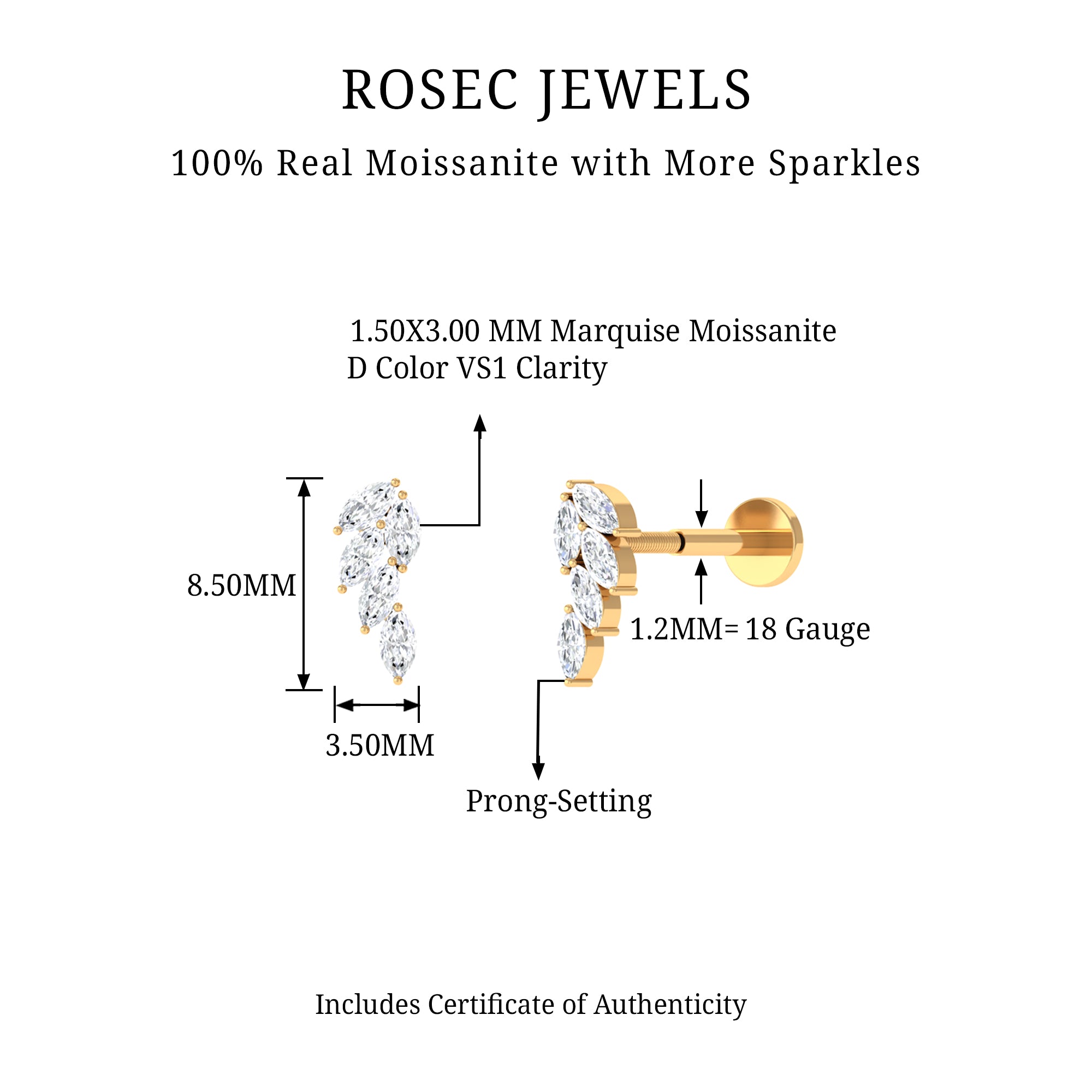 Marquise Moissanite Leaf Earring for Helix Piercing D-VS1 - Rosec Jewels
