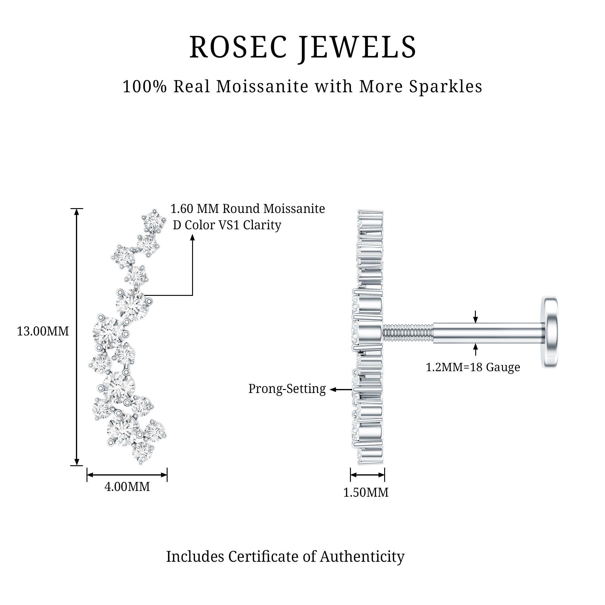 Certified Moissanite Cluster Crawler Earring For Her D-VS1 - Rosec Jewels