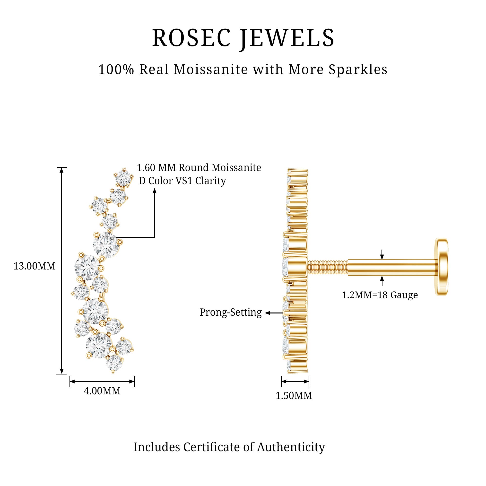 Certified Moissanite Cluster Crawler Earring For Her D-VS1 - Rosec Jewels