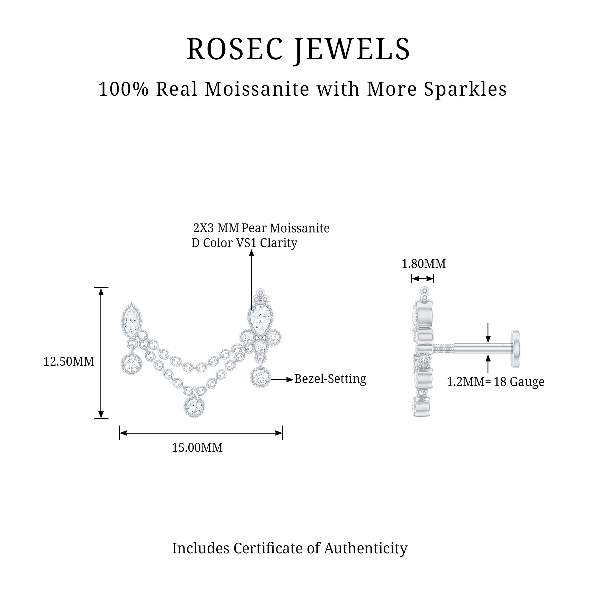 Certified Moissanite Double Chain Earring for Helix Piercing D-VS1 - Rosec Jewels