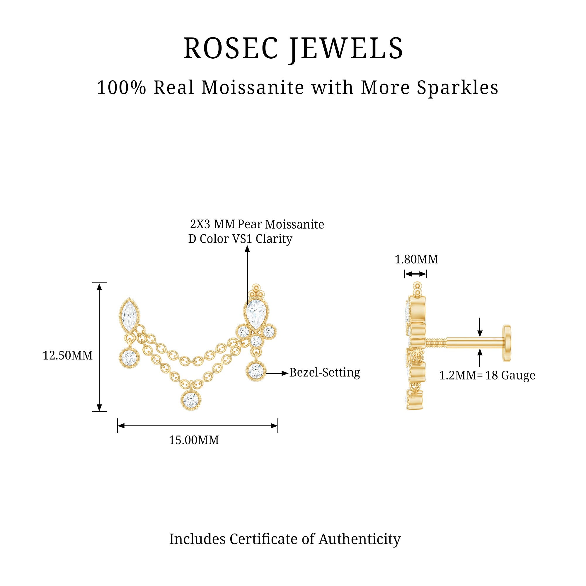 Certified Moissanite Double Chain Earring for Helix Piercing D-VS1 - Rosec Jewels