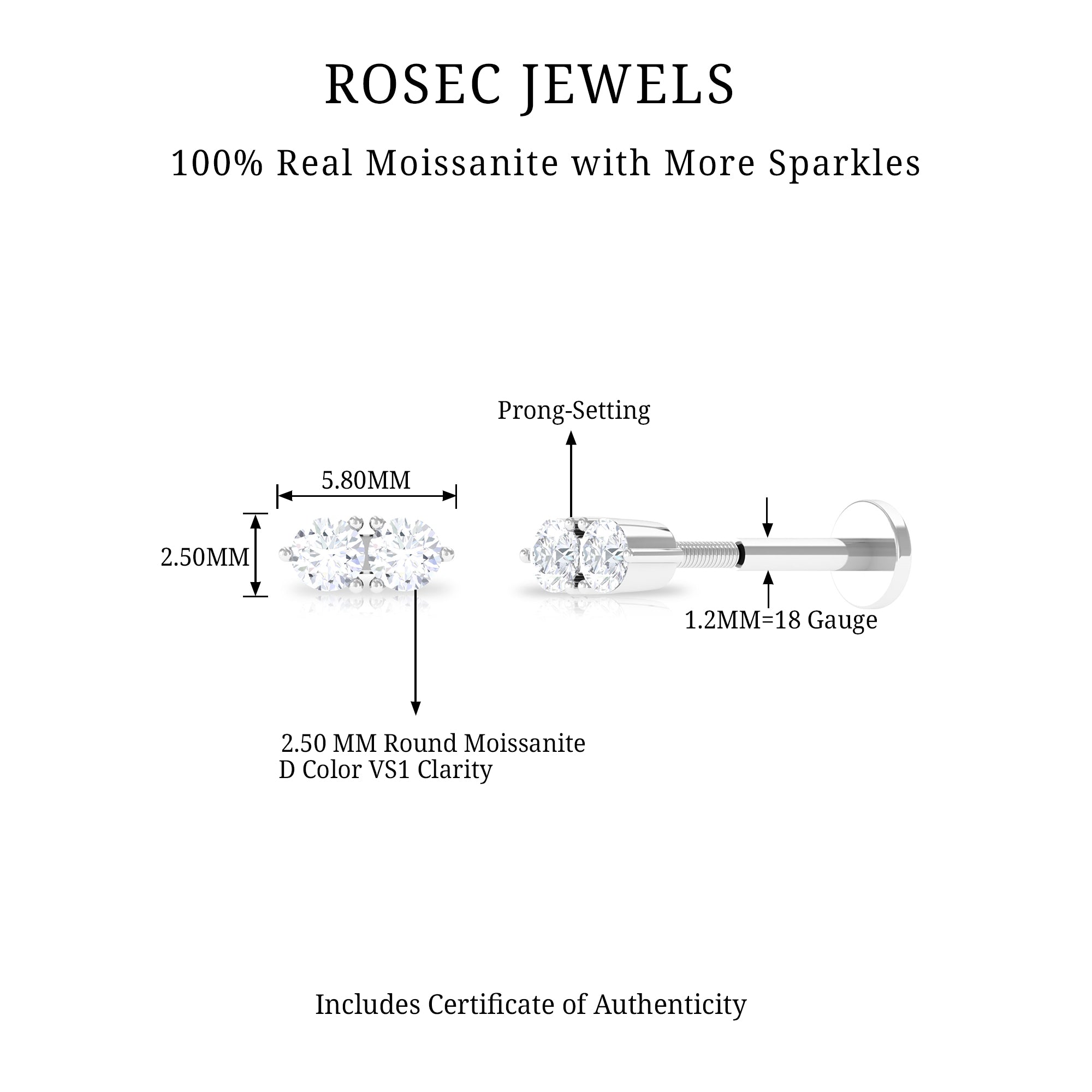 Minimalist Moissanite 2 Stone Earring for Tragus Piercing D-VS1 - Rosec Jewels