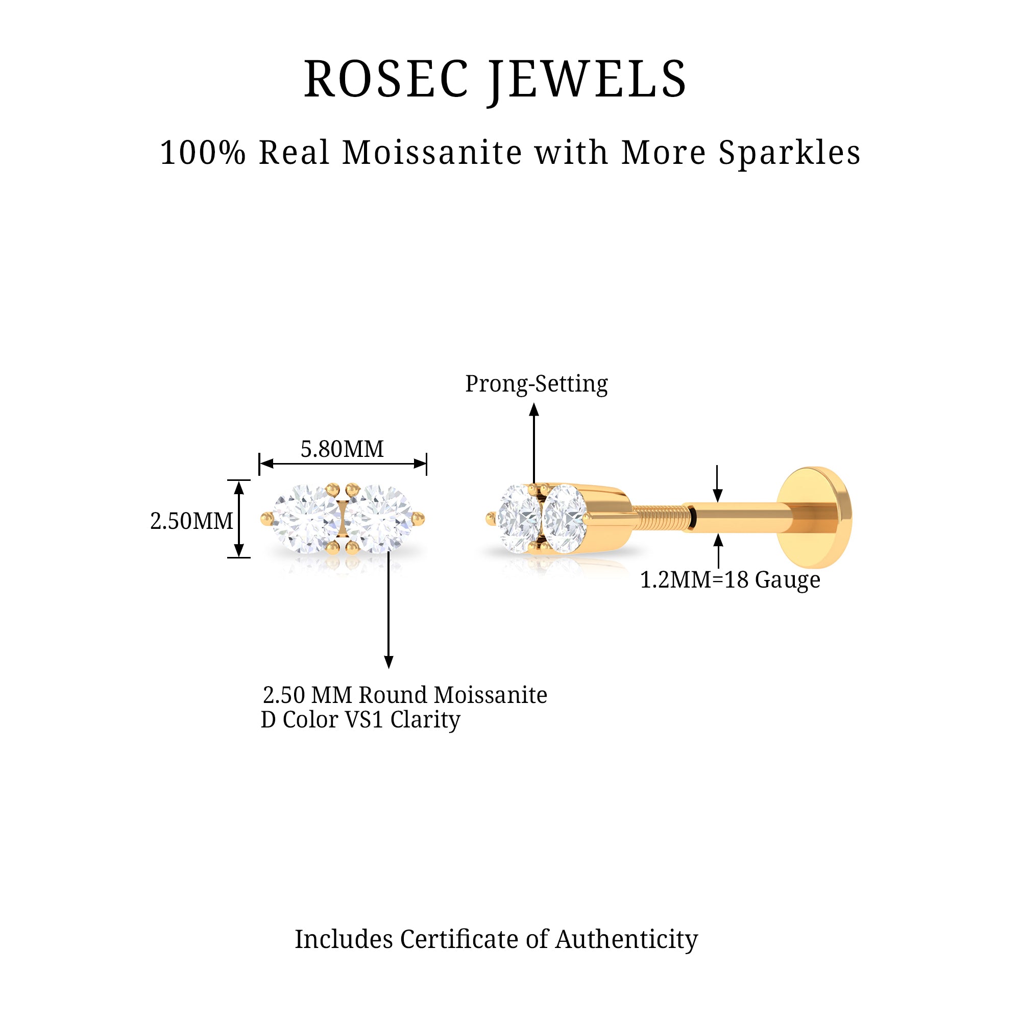 Minimalist Moissanite 2 Stone Earring for Tragus Piercing D-VS1 - Rosec Jewels