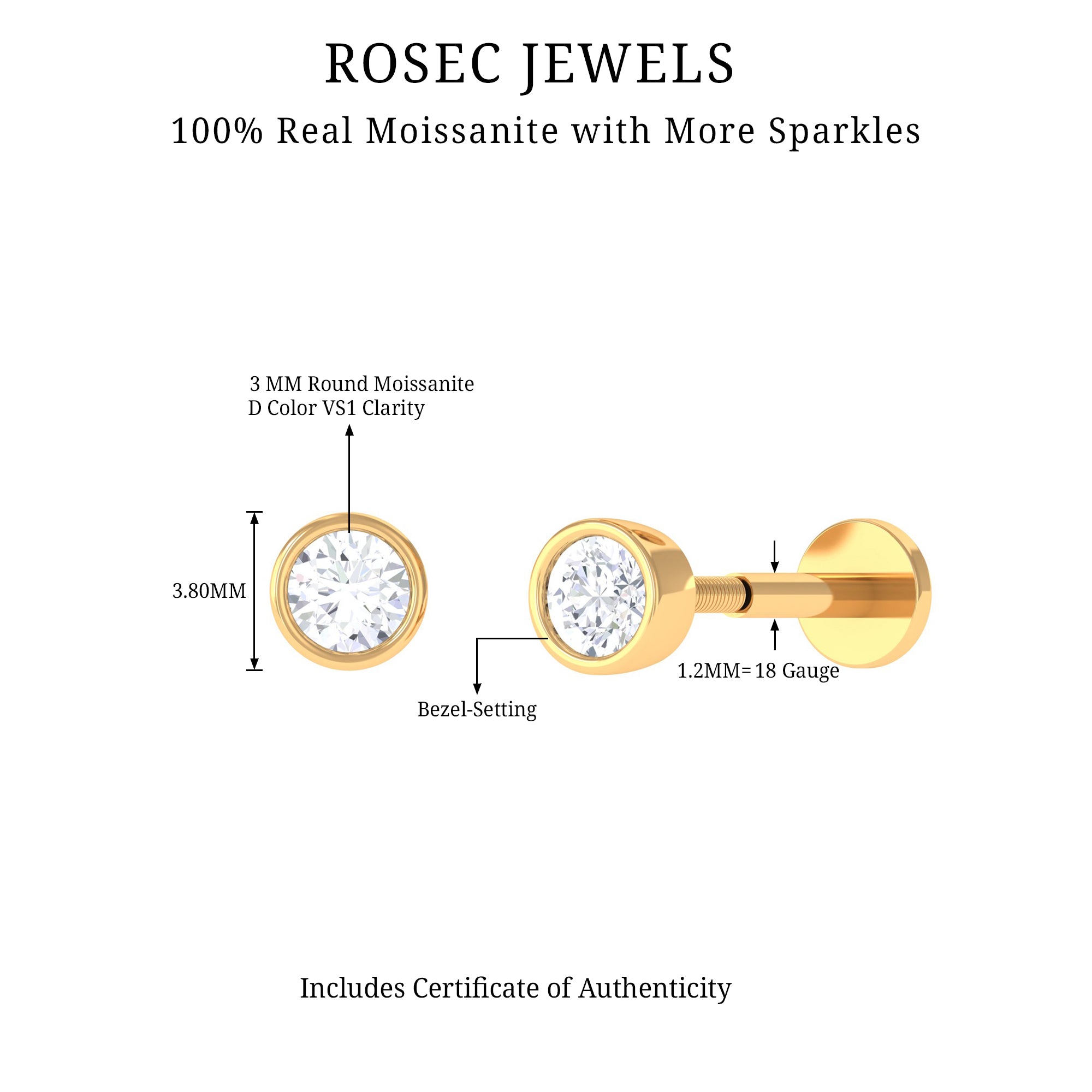 Dainty Moissanite Conch Cartilage Earring in Bezel Setting D-VS1 - Rosec Jewels