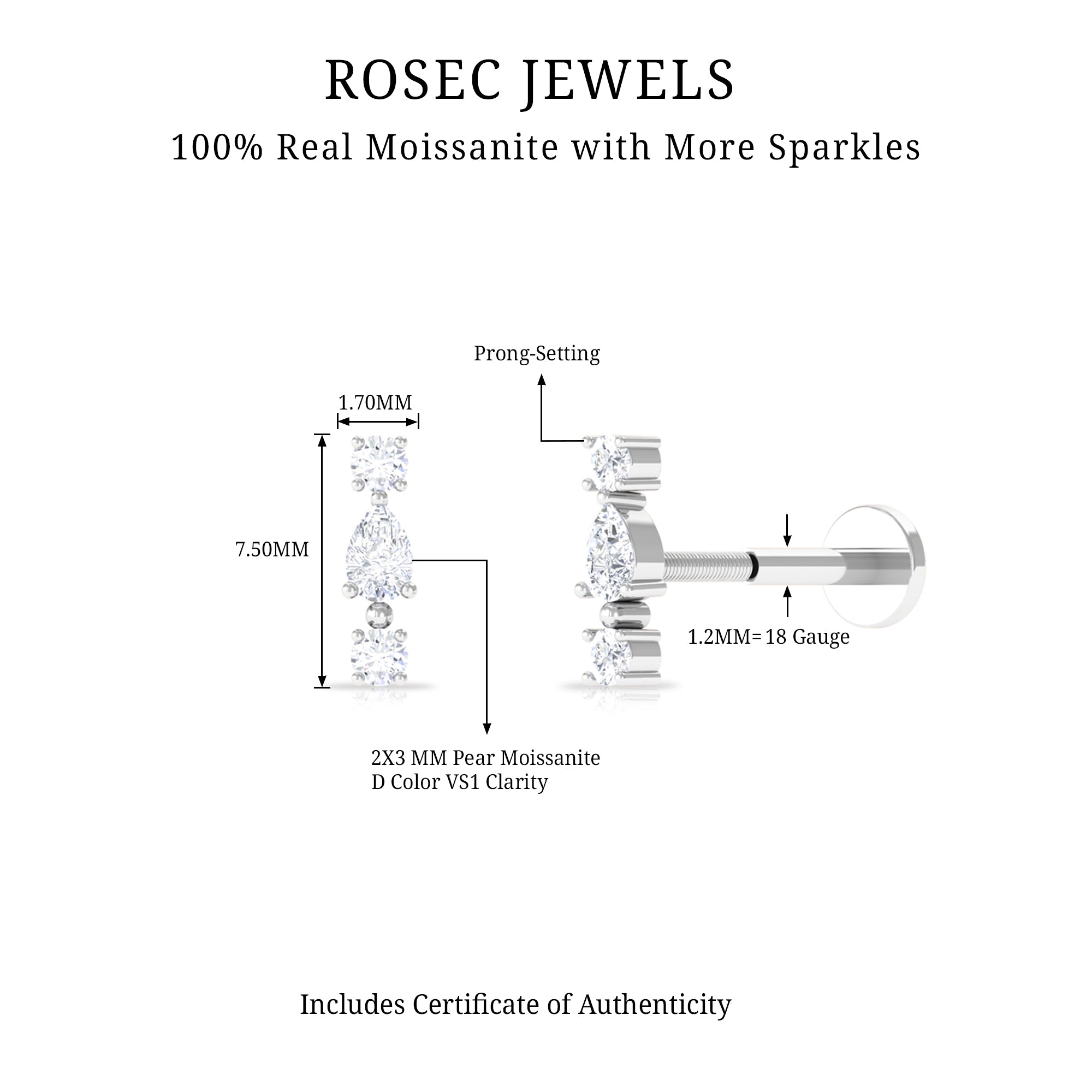 Certified Moissanite 3 Stone Tragus Earring D-VS1 - Rosec Jewels