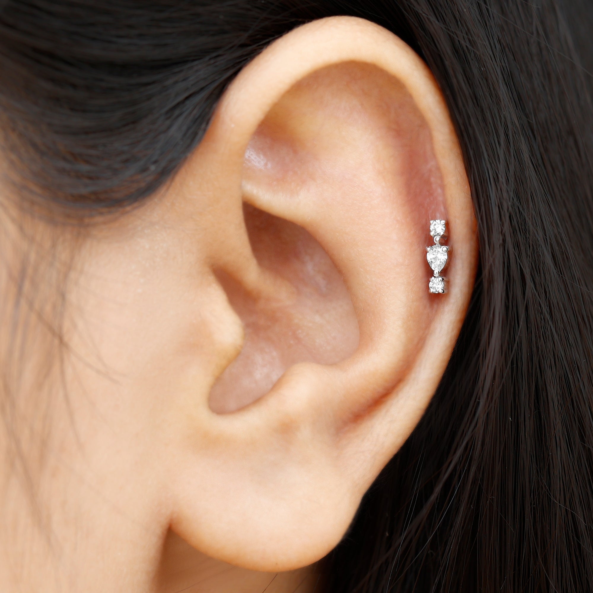 Certified Moissanite 3 Stone Tragus Earring D-VS1 - Rosec Jewels