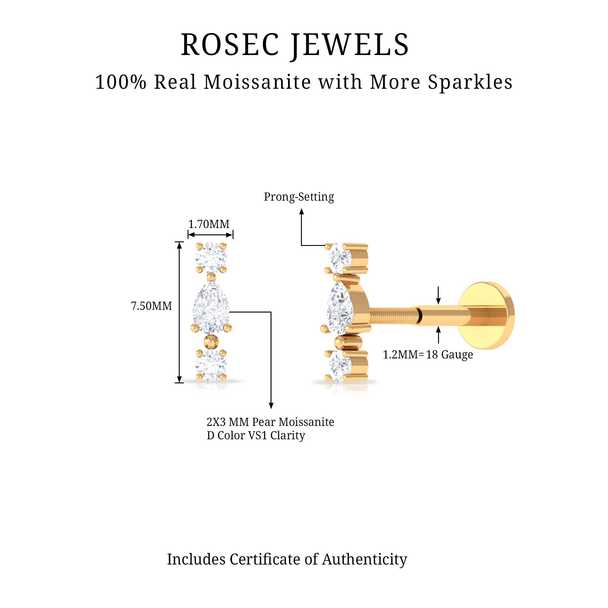 Certified Moissanite 3 Stone Tragus Earring D-VS1 - Rosec Jewels