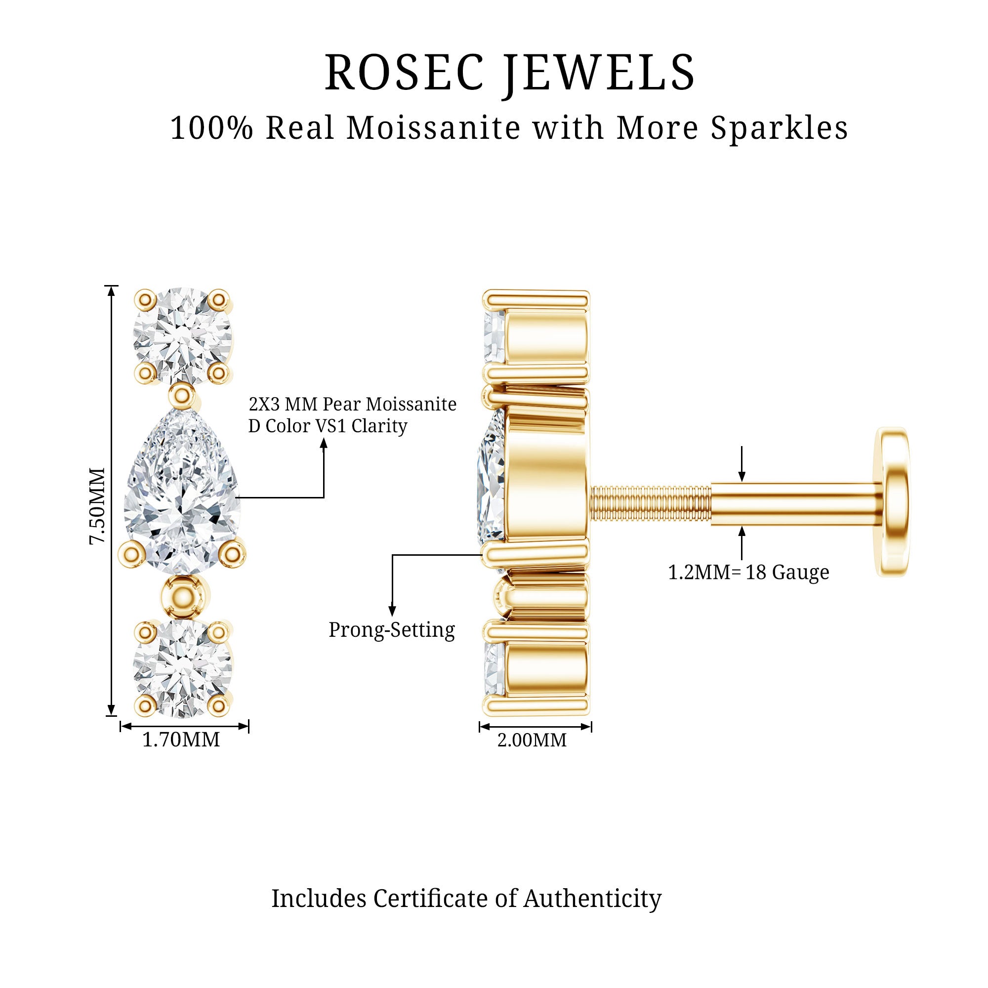 Certified Moissanite 3 Stone Tragus Earring D-VS1 - Rosec Jewels