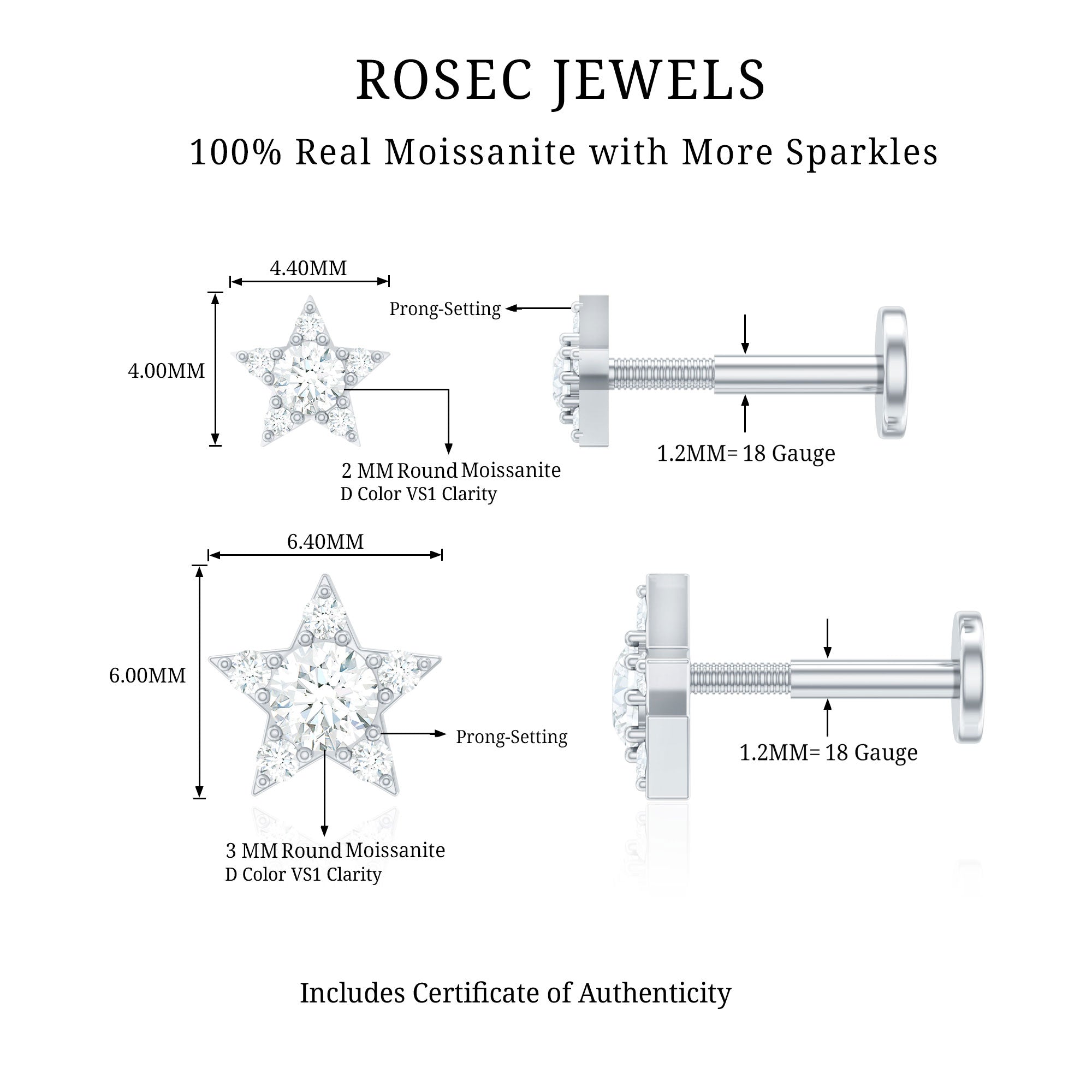 Moissanite Star Earring for Helix Piercing D-VS1 - Rosec Jewels