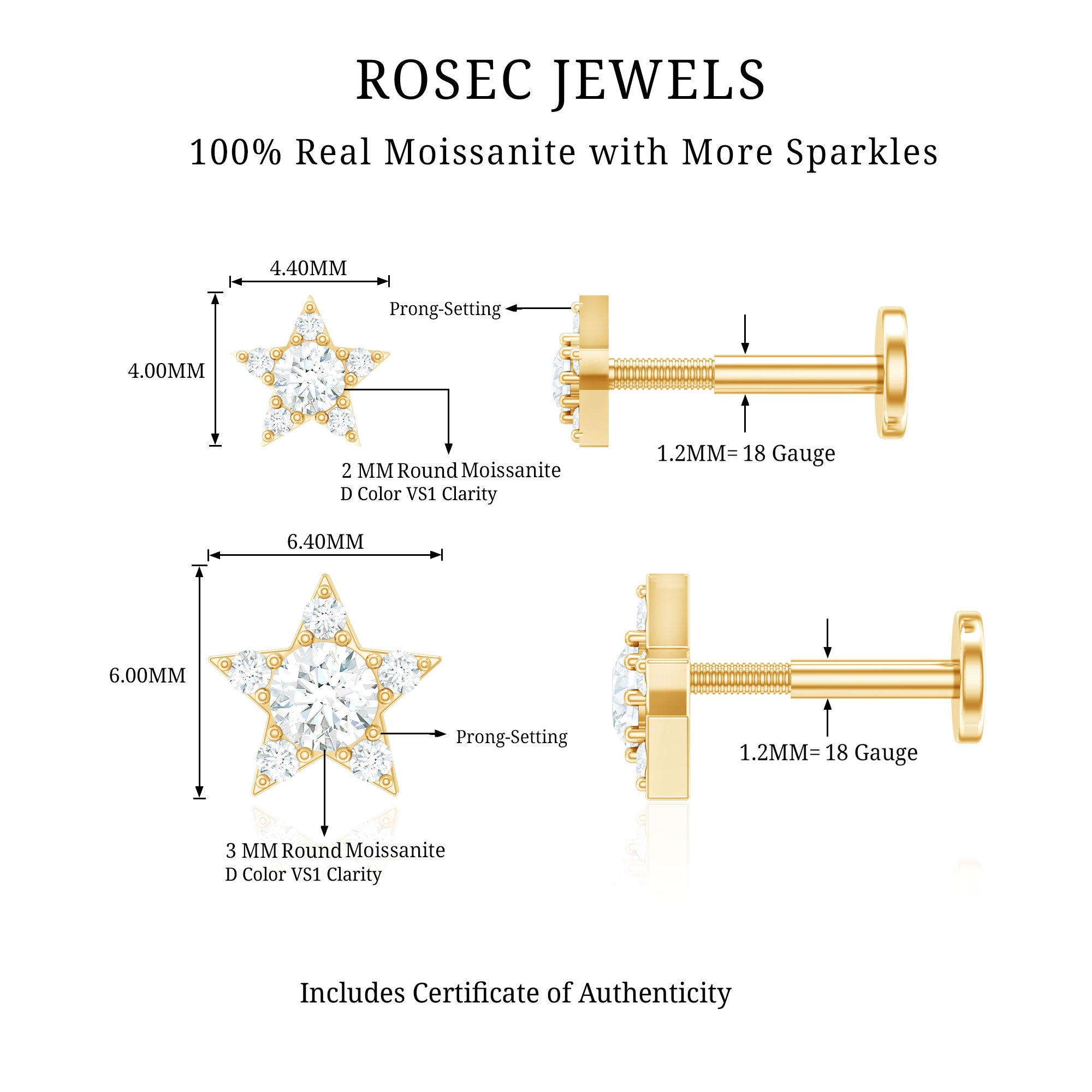 Moissanite Star Earring for Helix Piercing D-VS1 - Rosec Jewels