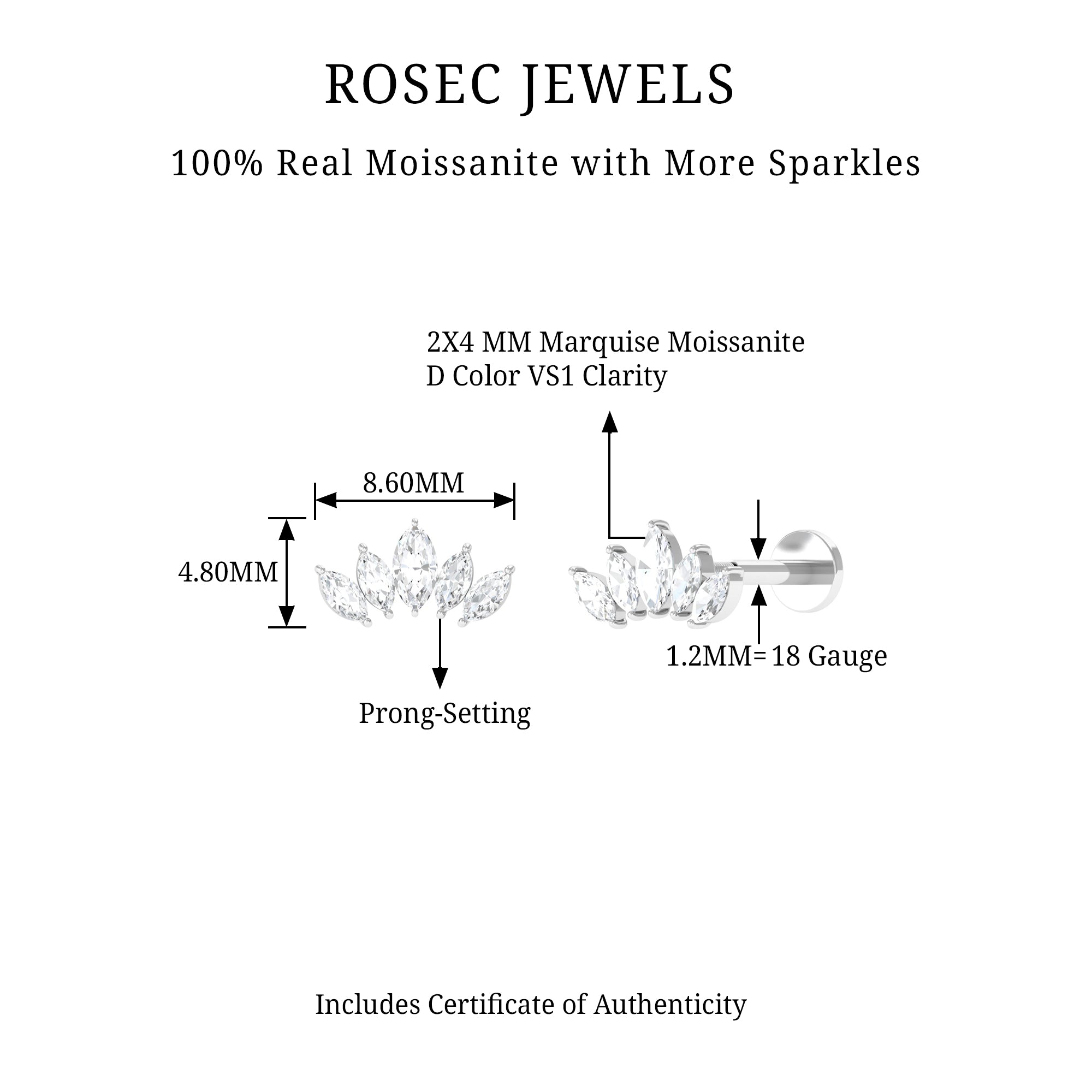 Marquise Moissanite Leaf Ear Crawler Earring D-VS1 - Rosec Jewels
