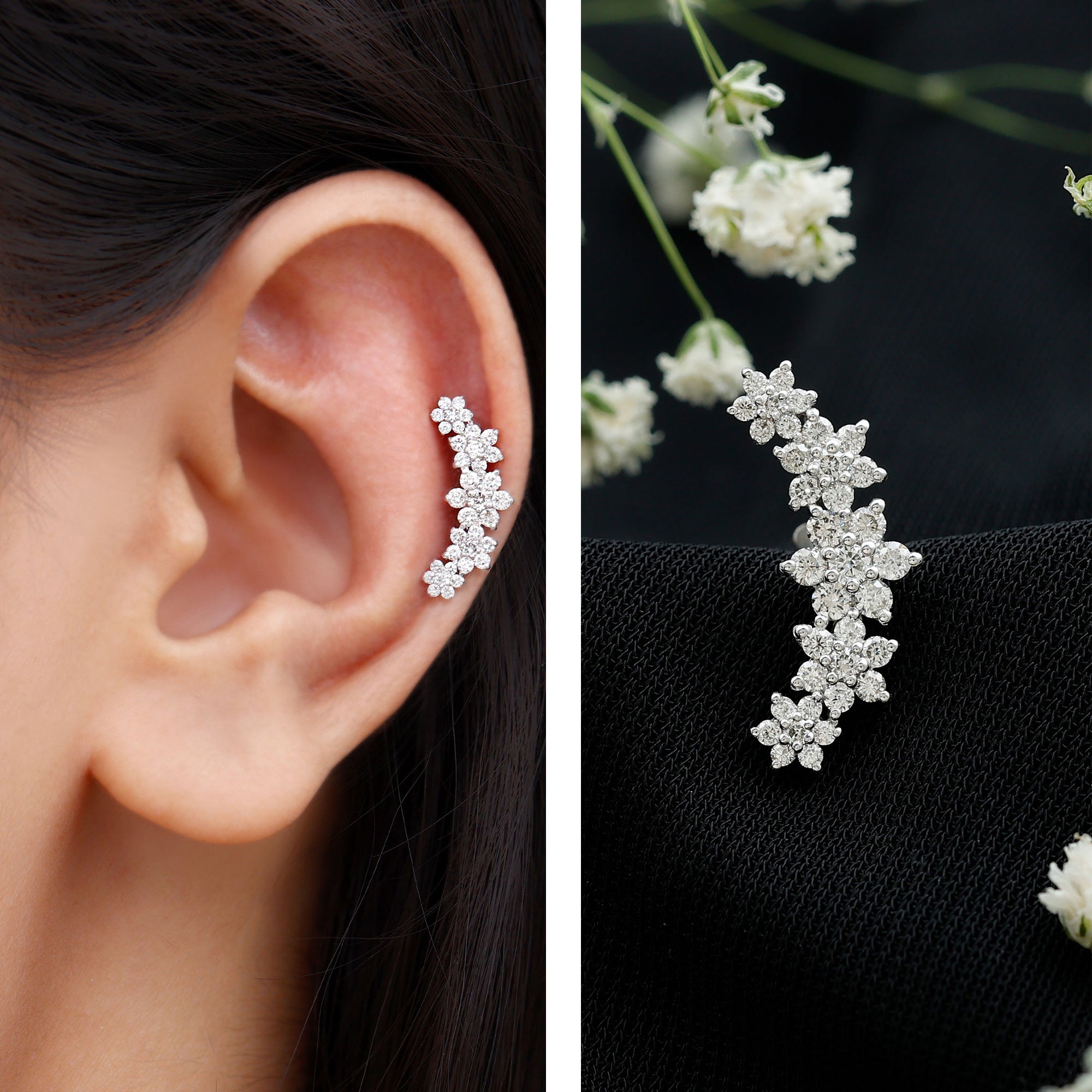 Exquisite Moissanite Flower Inspired Crawler Earring D-VS1 - Rosec Jewels