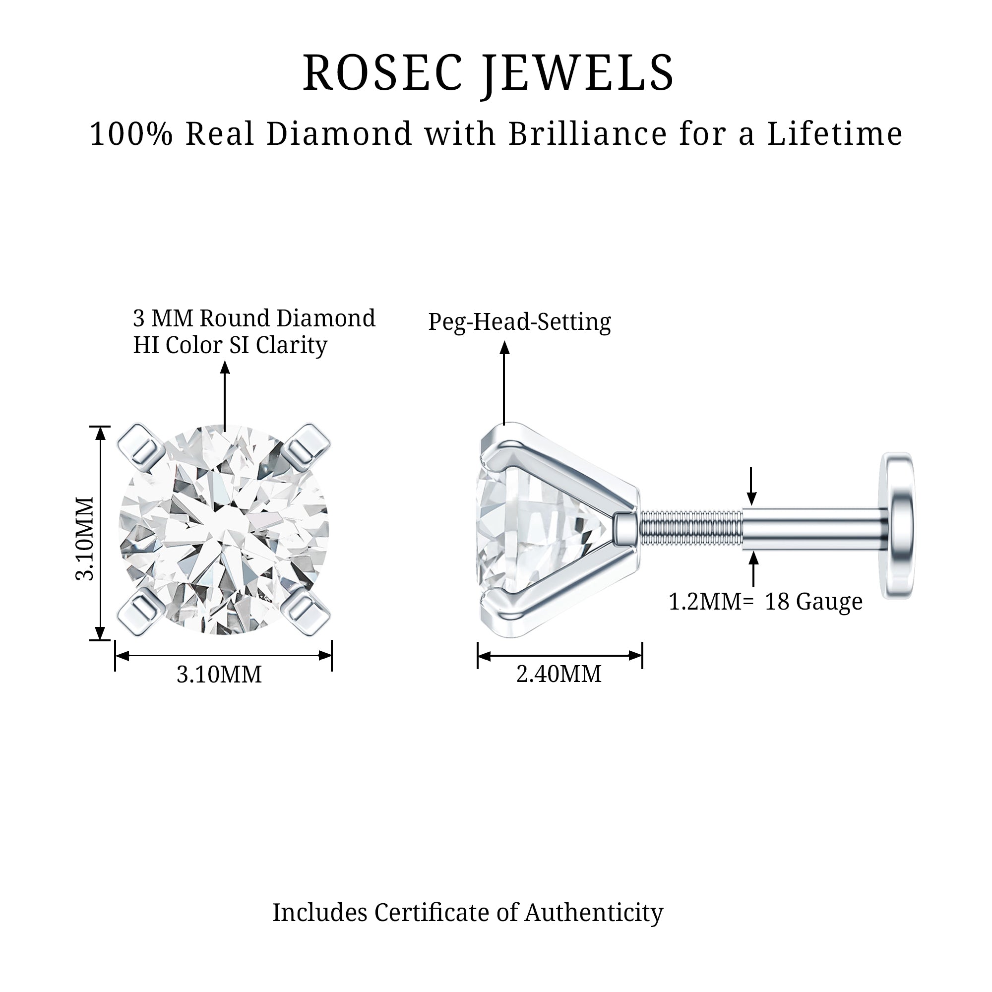 Minimalist Peg Head Set Diamond Nose Pin Stud Natural - ( HI-SI ) - Rosec Jewels