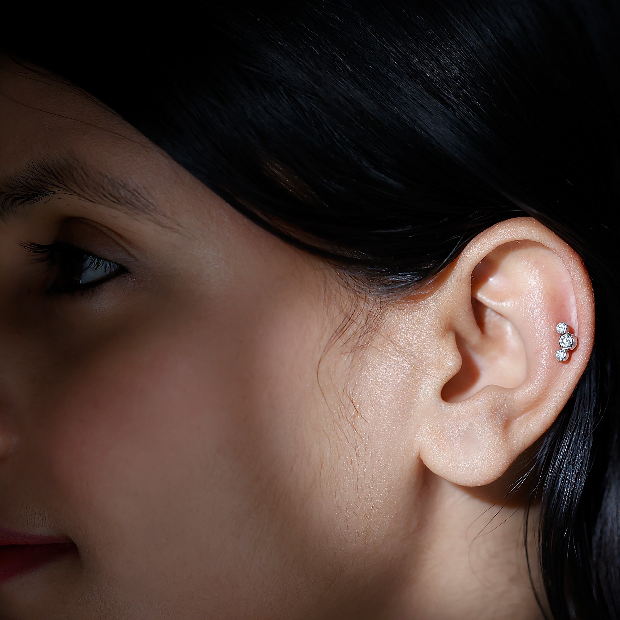 Bezel Set Diamond Three Stone Earring for Helix Piercing Natural - ( HI-SI ) - Rosec Jewels