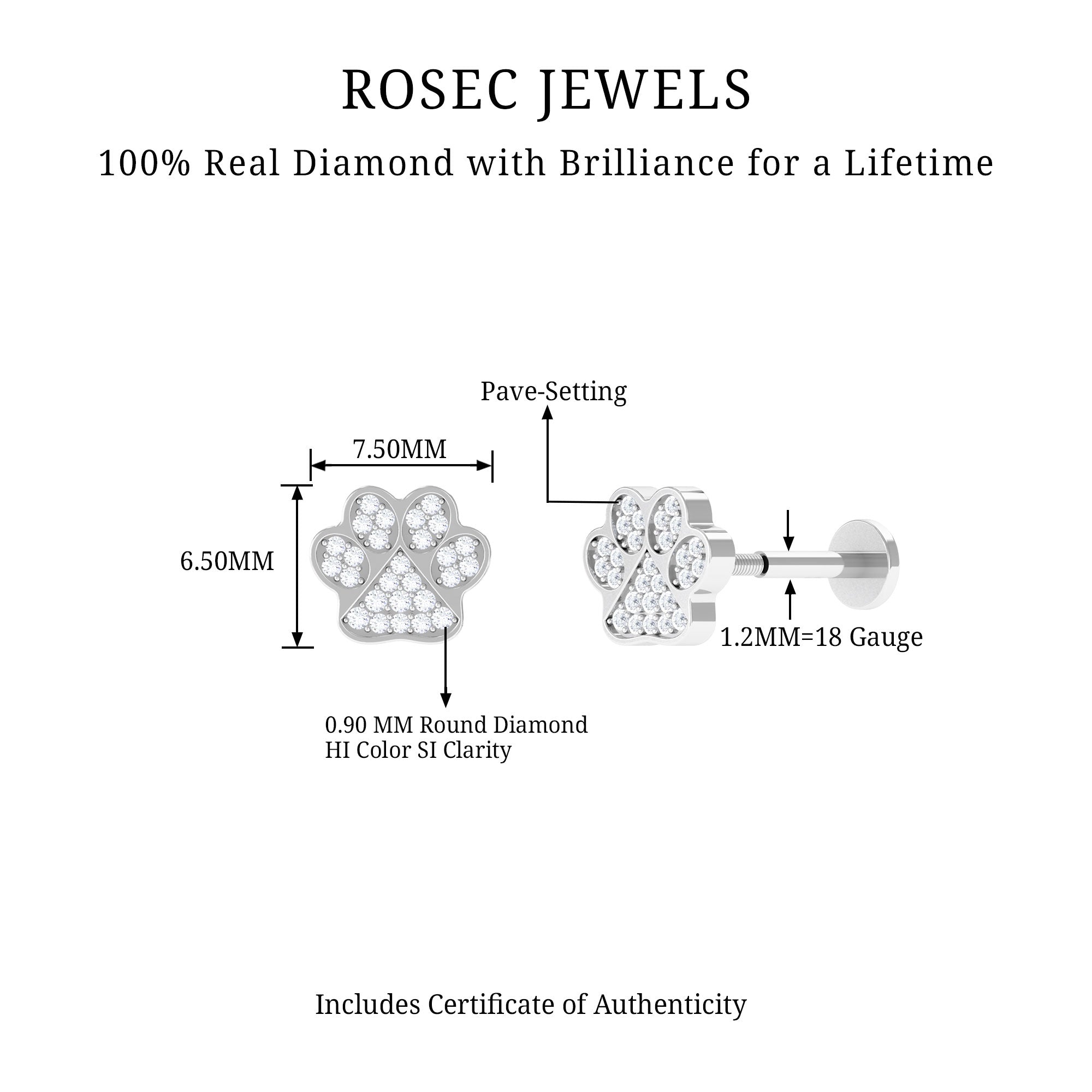 Certified Diamond Paw Cartilage Earring Natural - ( HI-SI ) - Rosec Jewels