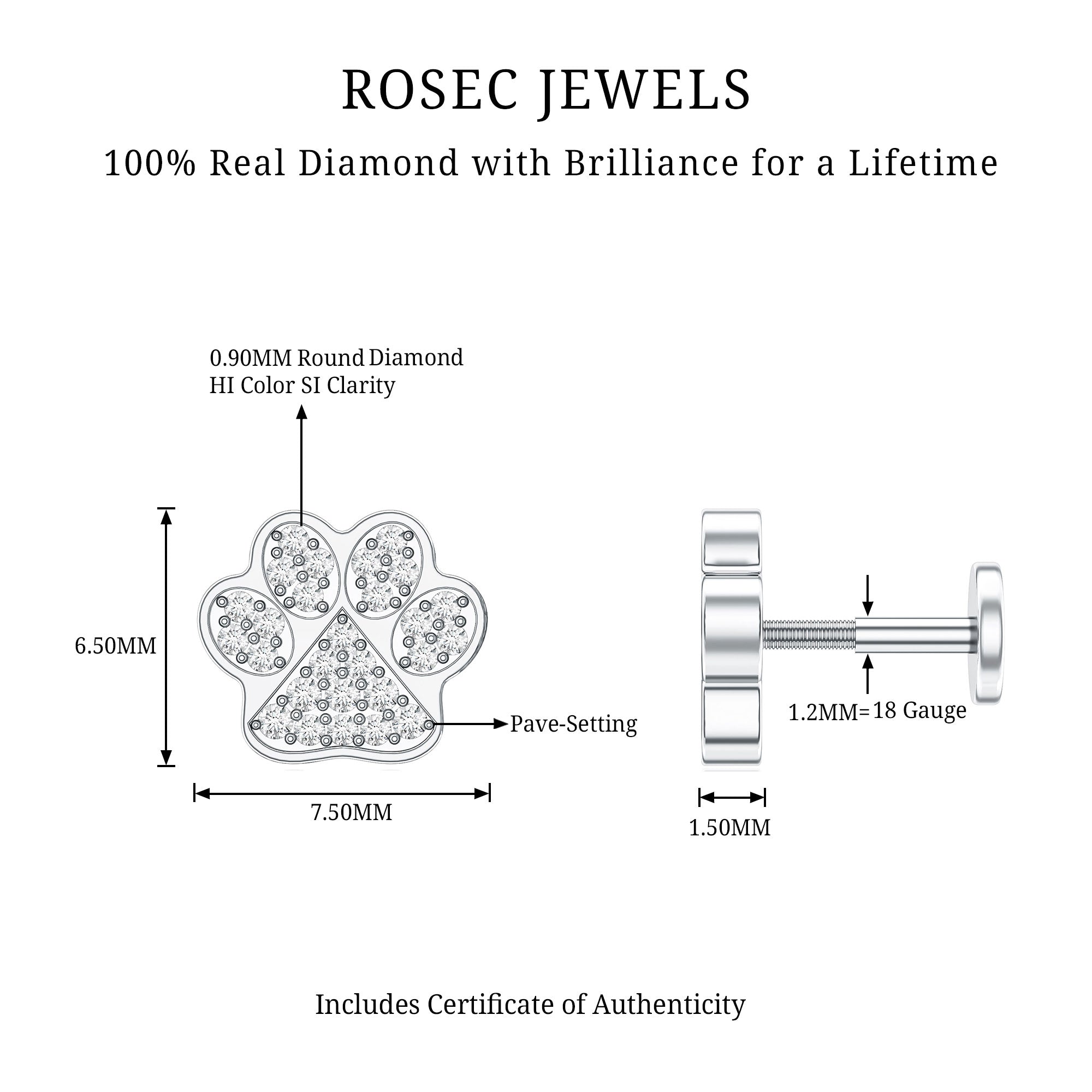 Certified Diamond Paw Cartilage Earring Natural - ( HI-SI ) - Rosec Jewels