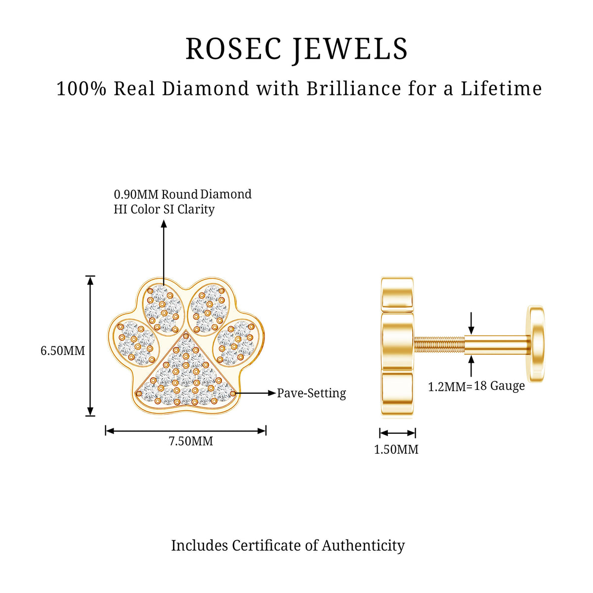 Certified Diamond Paw Cartilage Earring Natural - ( HI-SI ) - Rosec Jewels